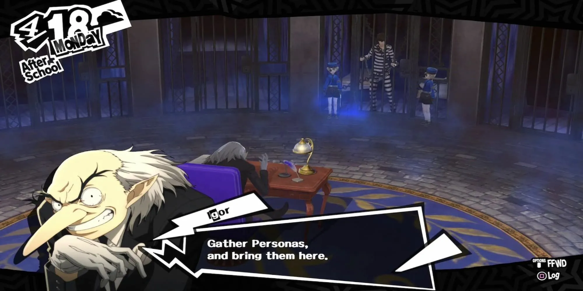 Người chơi trong Velvet Room đang nói chuyện với Igor trong Persona 5 Royal