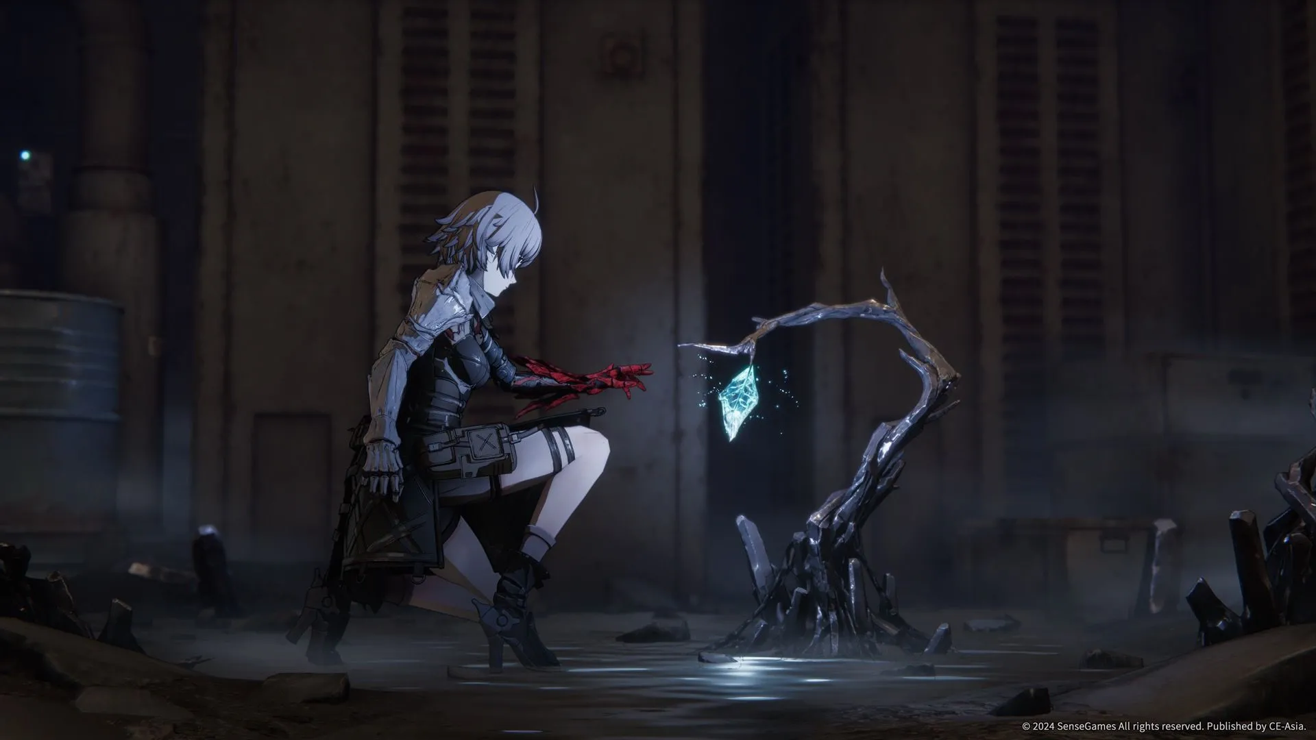 Nhân vật Arrisa trong AI Limit đứng gần một nhánh cây phát sáng, điểm lưu tương tự bonfire trong Dark Souls