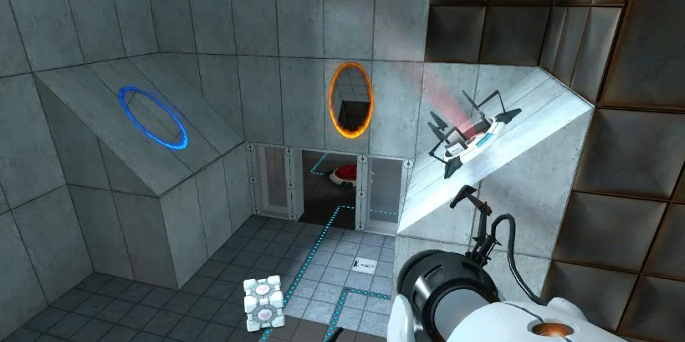 Nhân vật Chell trong game giải đố Portal sử dụng Portal Gun để tạo cổng dịch chuyển