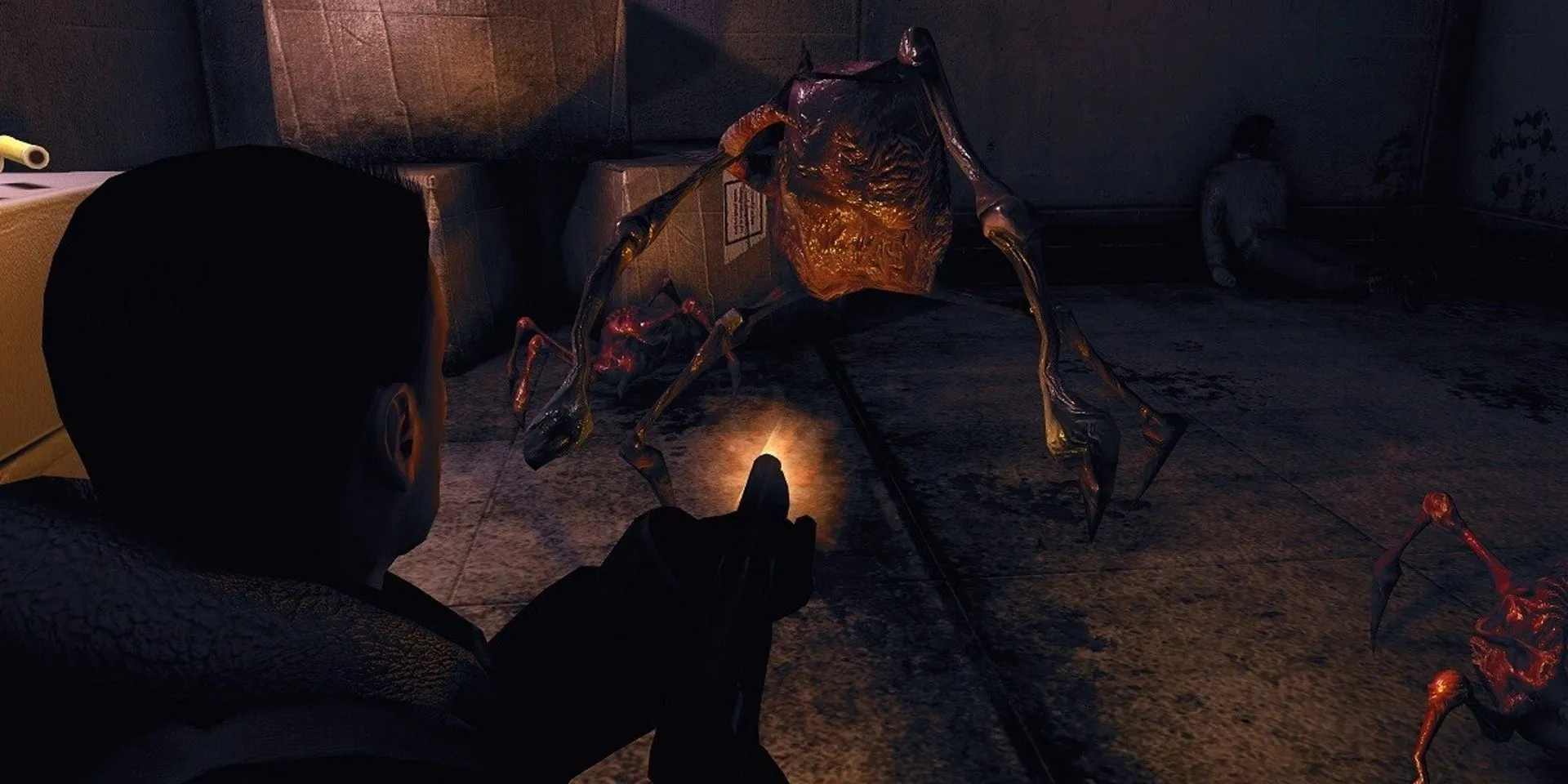Nhân vật chính bắn quái vật biến dị trong The Thing Remastered