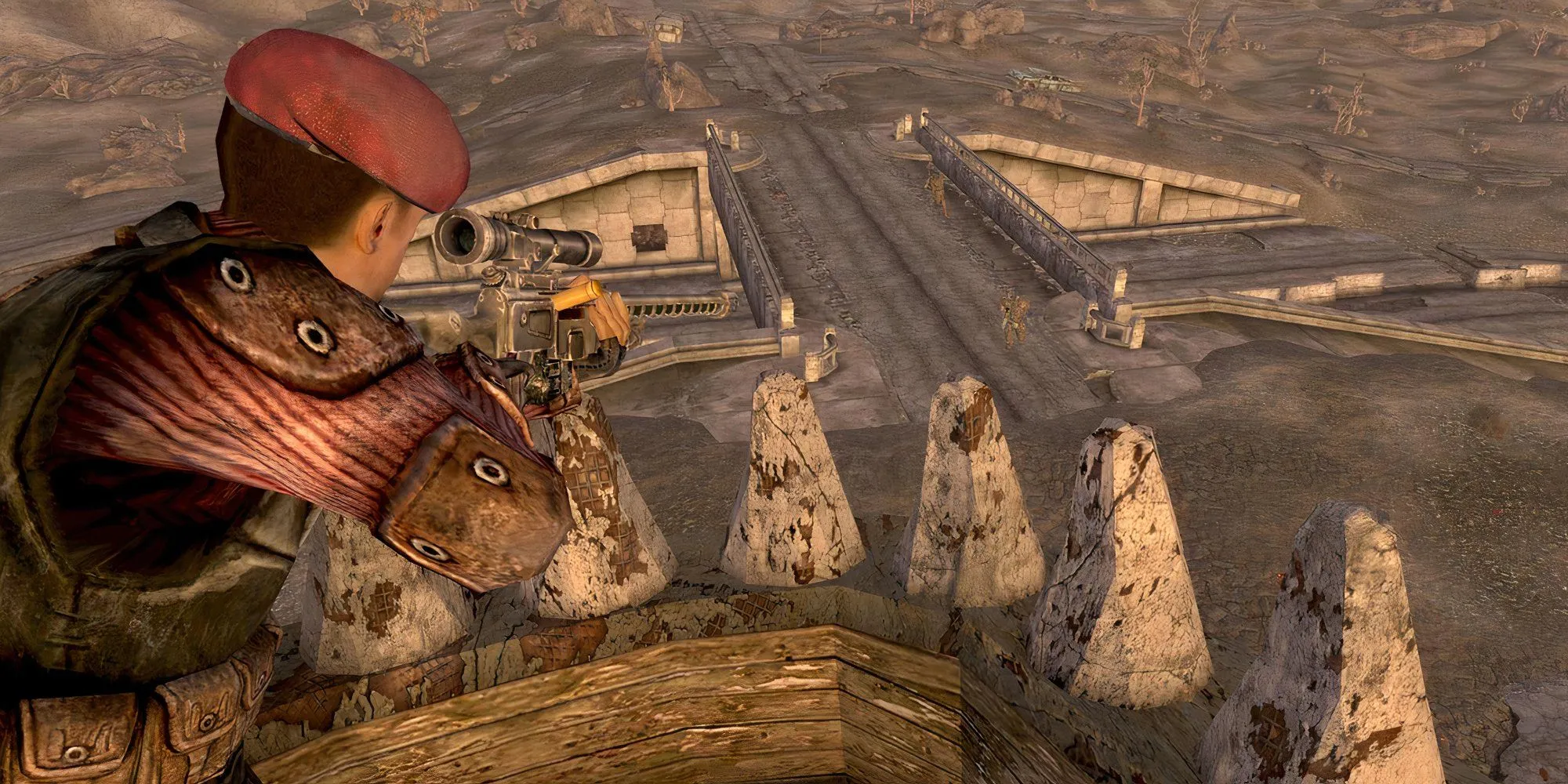 Nhân vật chính Fallout New Vegas sử dụng súng bắn tỉa trên đỉnh một tòa tháp