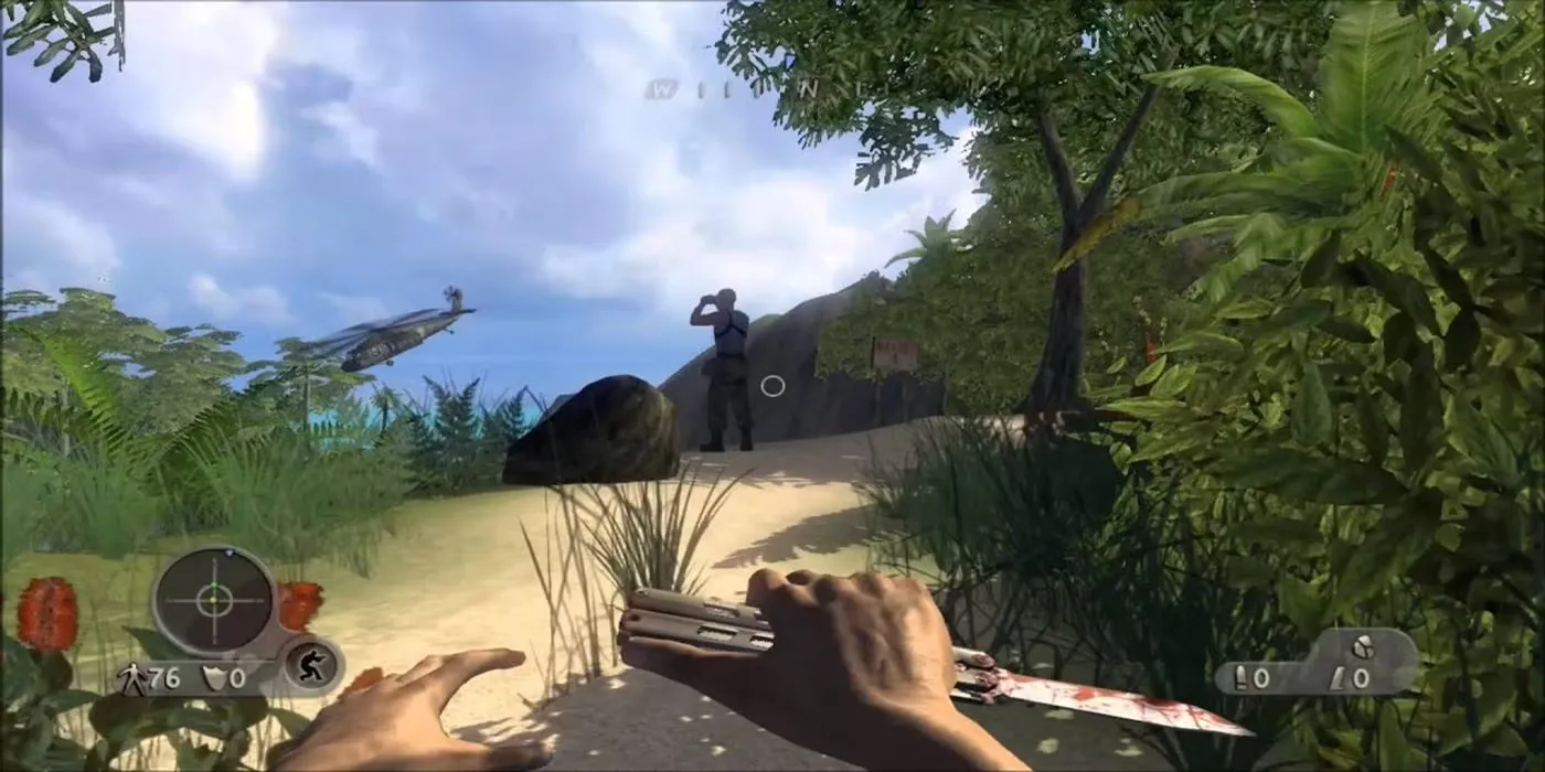 Nhân vật chính Jack Carver cầm súng trong một khu rừng rậm nhiệt đới của Far Cry Instincts