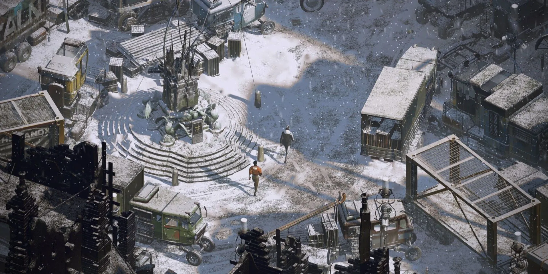 Nhân vật chính, một thám tử nghiện rượu, trong bối cảnh u ám của game Disco Elysium