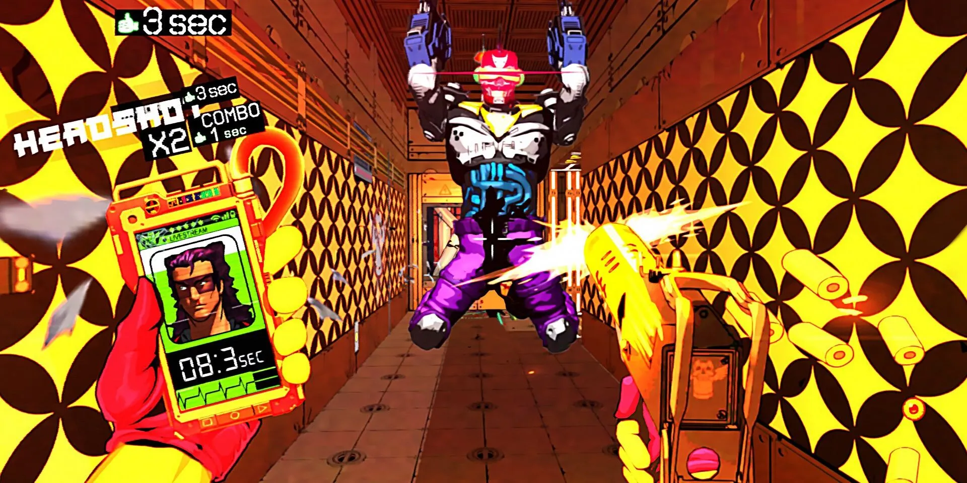 Nhân vật chính Mullet Madjack chiến đấu với robot trong game FPS hành động