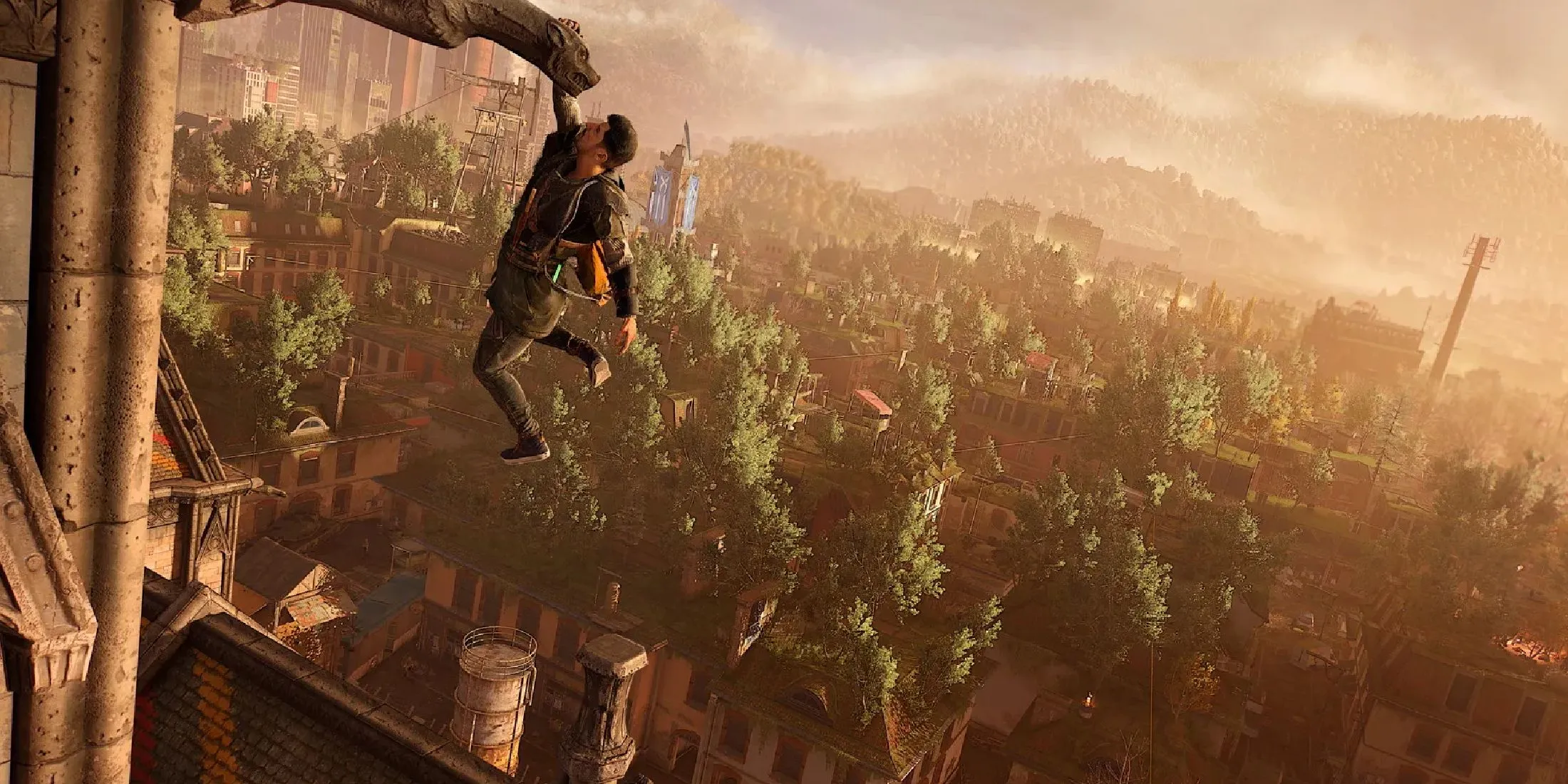Nhân vật chính parkour qua các mái nhà trong thế giới hậu tận thế của Dying Light 2 Stay Human PS5 Pro