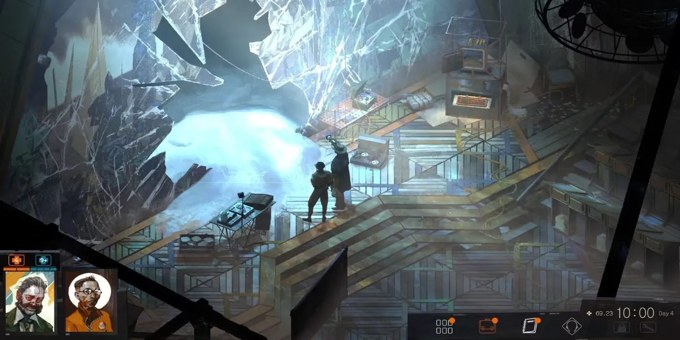 Nhân vật chính trong Disco Elysium đang đứng giữa một khung cảnh nghệ thuật độc đáo của game