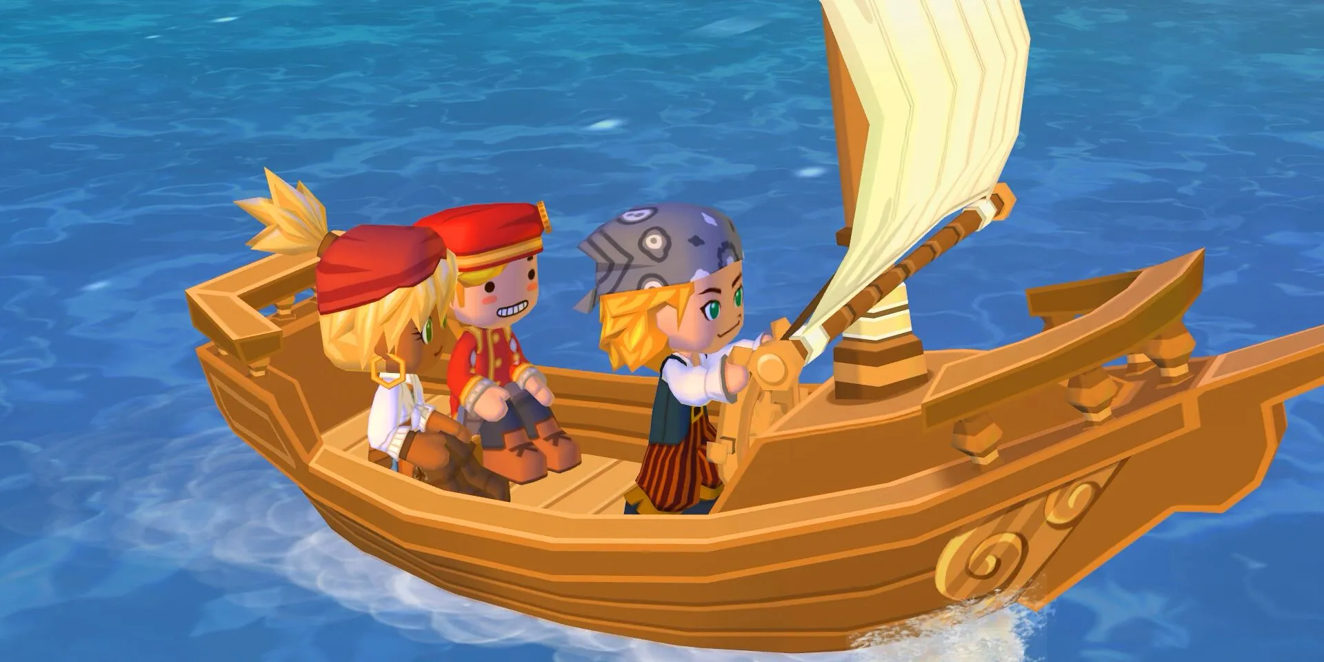 Nhân vật chính và các sim đang chèo thuyền trên biển trong MySims Kingdom, một tựa game phiêu lưu xây dựng thế giới