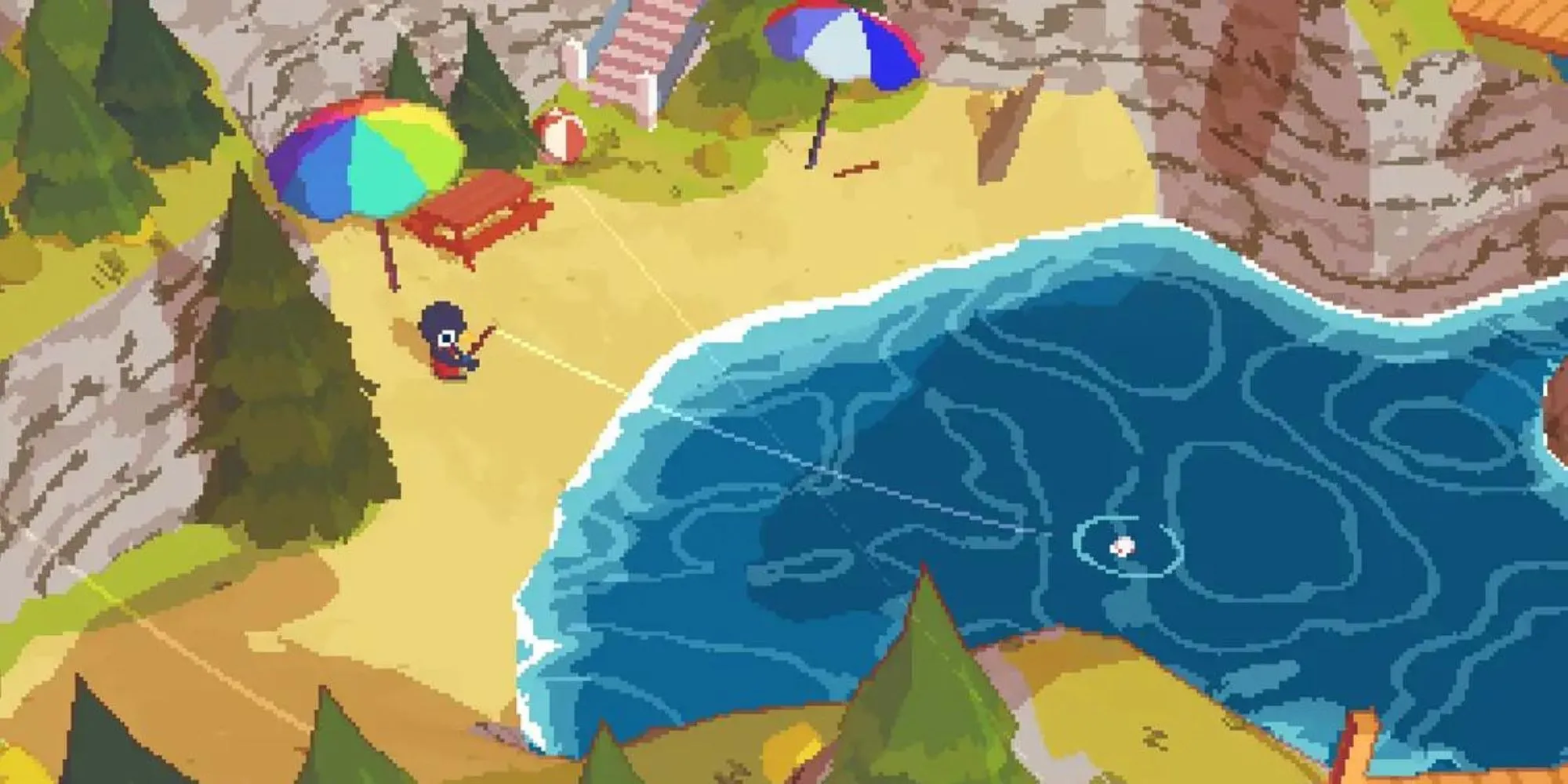 Nhân vật Claire đang câu cá trên bãi biển trong A Short Hike, một minigame thư giãn phổ biến