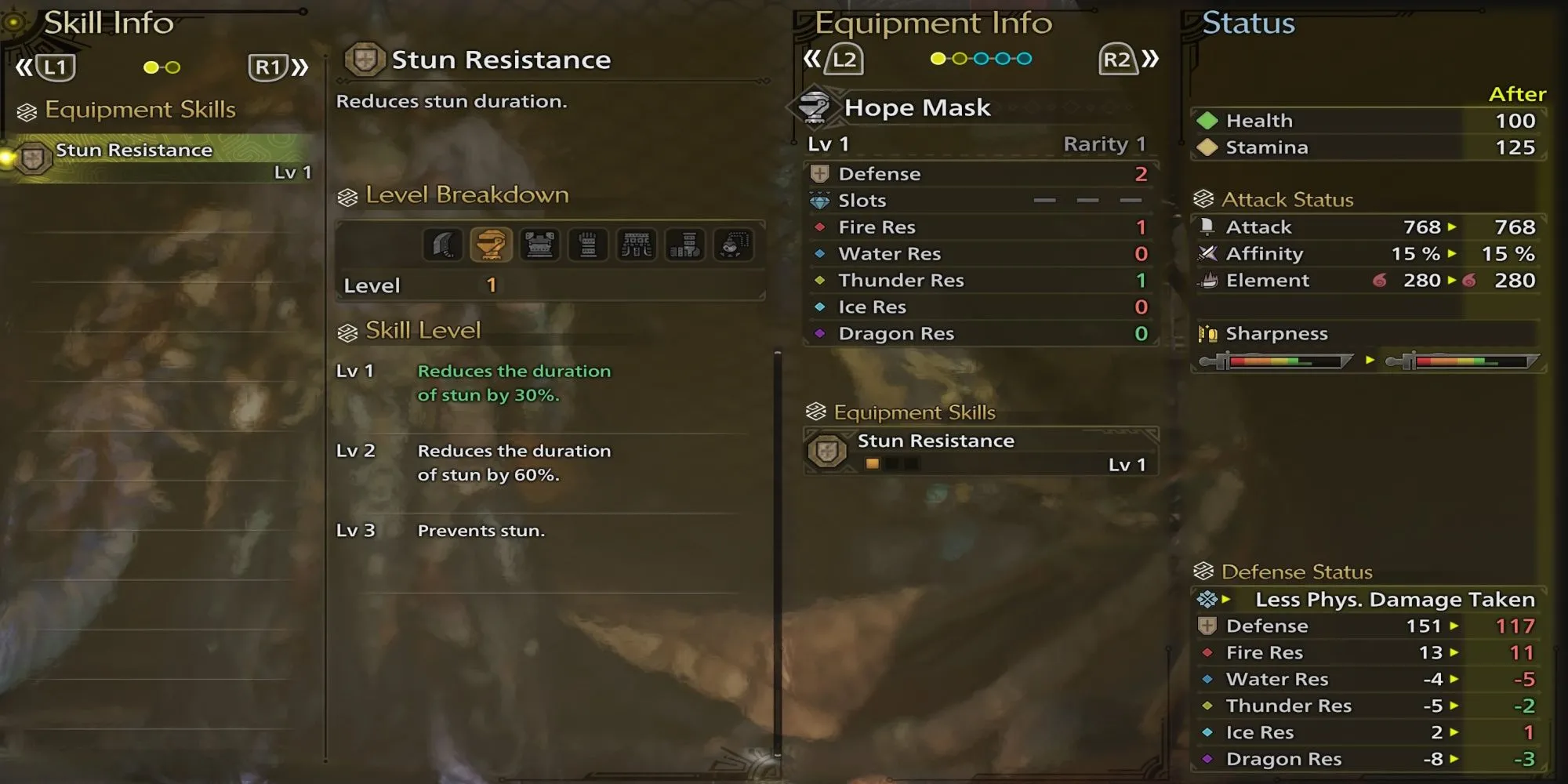 Nhân vật đang kiểm tra các kỹ năng giáp trong Monster Hunter Wilds