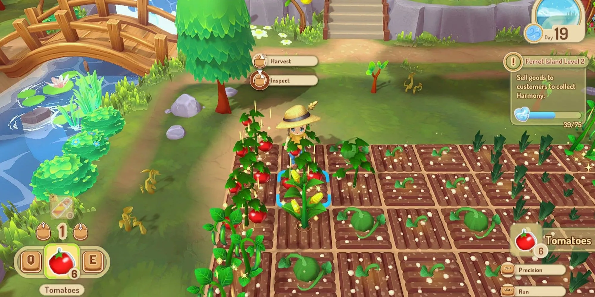 Nhân vật đang thu hoạch cà rốt trong nông trại game Sugardew Island