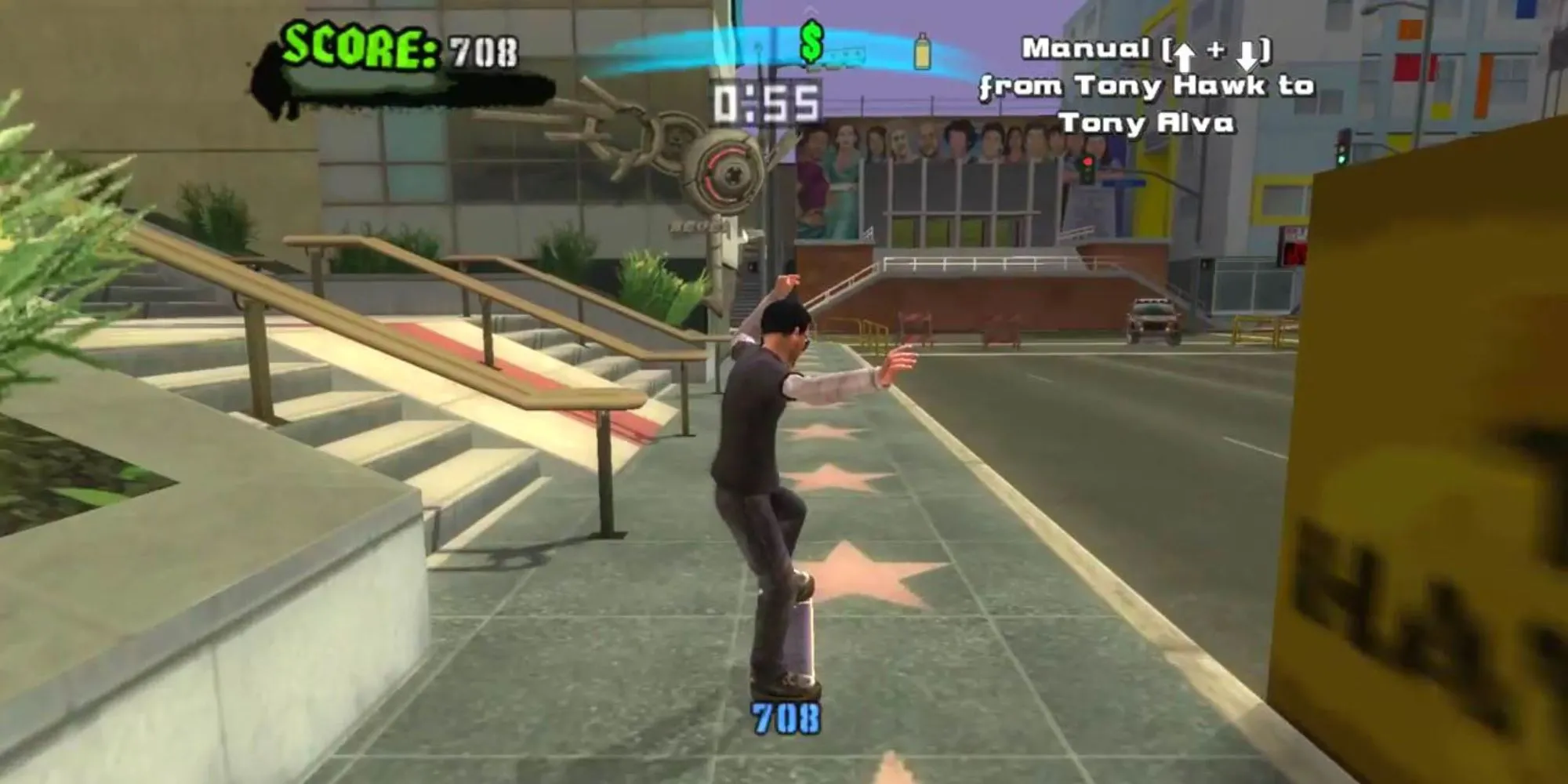 Nhân vật đang thực hiện kỹ thuật manual trên Đại lộ Danh vọng trong Tony Hawk's American Wasteland