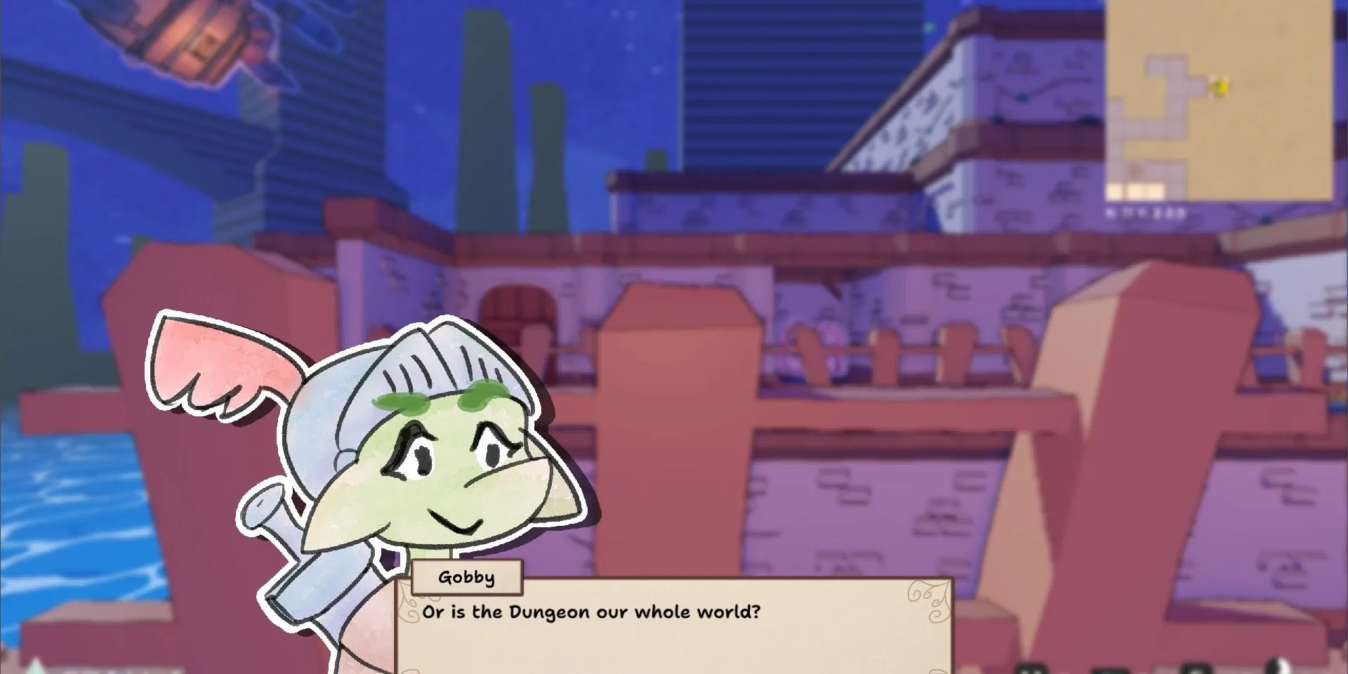 Nhân vật Gabby đang hội thoại trong Dice 'n Goblins với bong bóng chat
