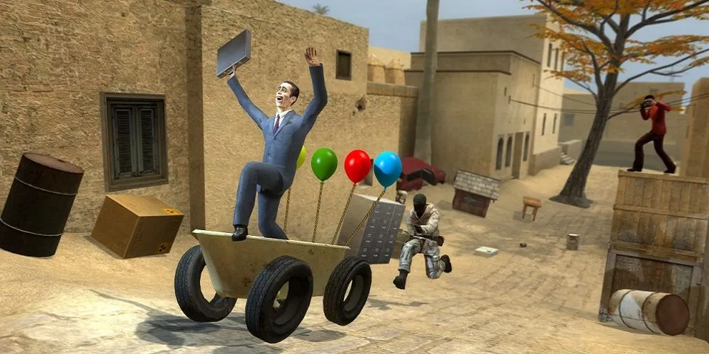Nhân vật Garry's Mod đứng giữa các vật thể hỗn loạn trong game
