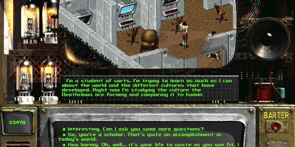 Nhân vật Goris trong Fallout 2 đang thảo luận về văn hóa của Deathclaw trong một khung cảnh hoang tàn