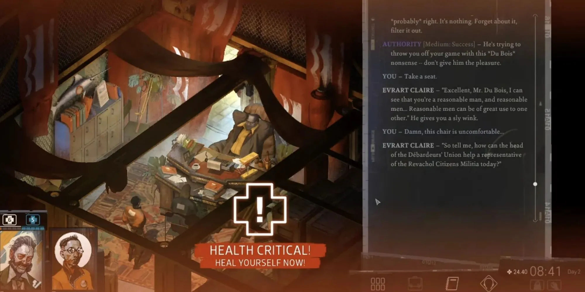 Nhân vật Harry Du Bois trong Disco Elysium ngồi trên chiếc ghế khó chịu dẫn đến game over