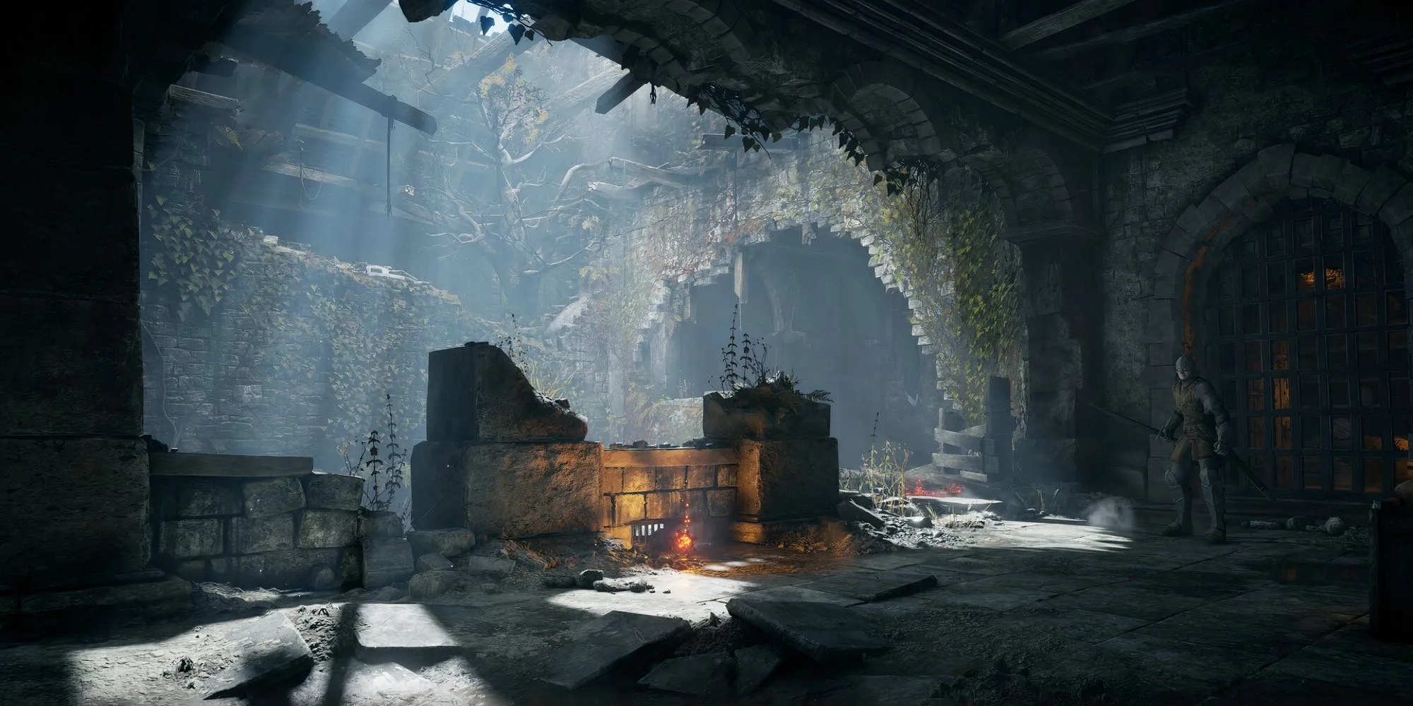 Nhân vật hiệp sĩ khám phá Forlorn Outpost trong Demon's Souls Remake, một khu tàn tích cổ kính với cây xanh tươi tốt và kiến trúc đổ nát.