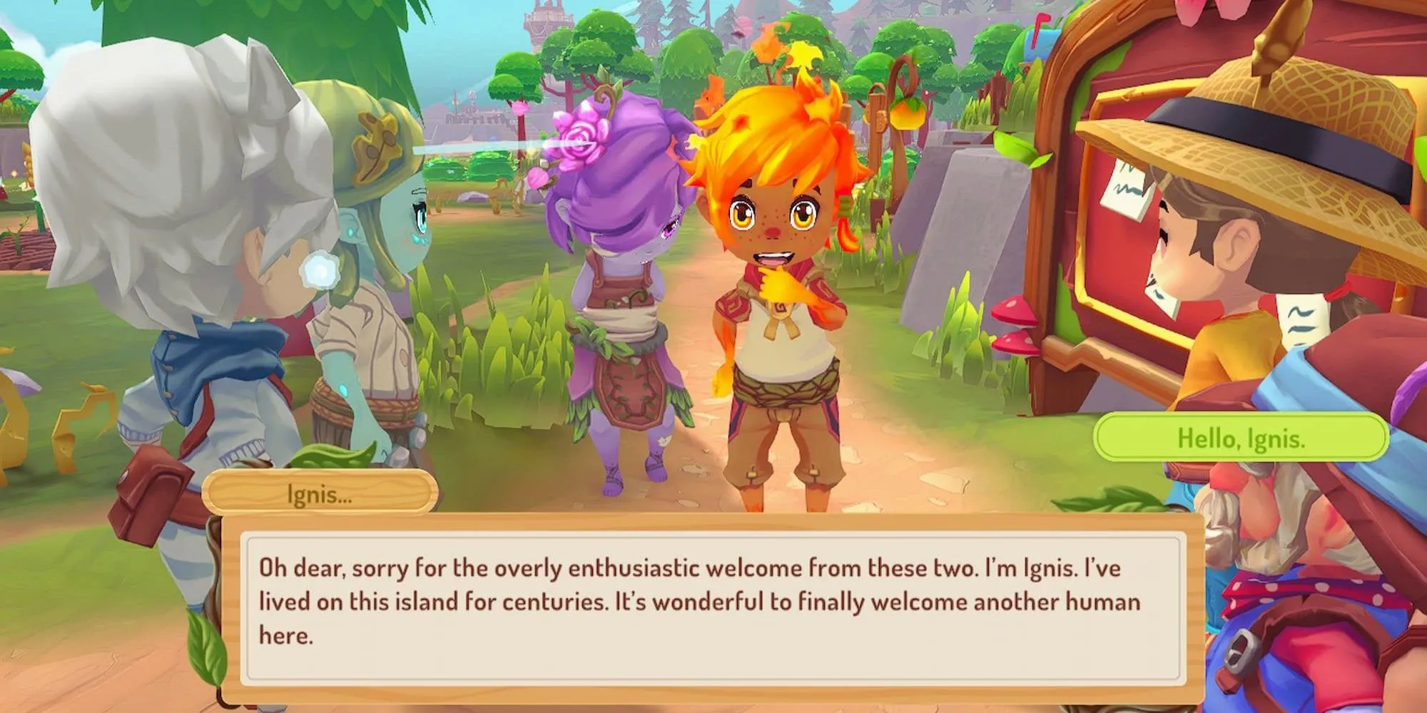 Nhân vật Ignis, một tinh linh lửa, trong game Sugardew Island với đồ họa pixel chibi