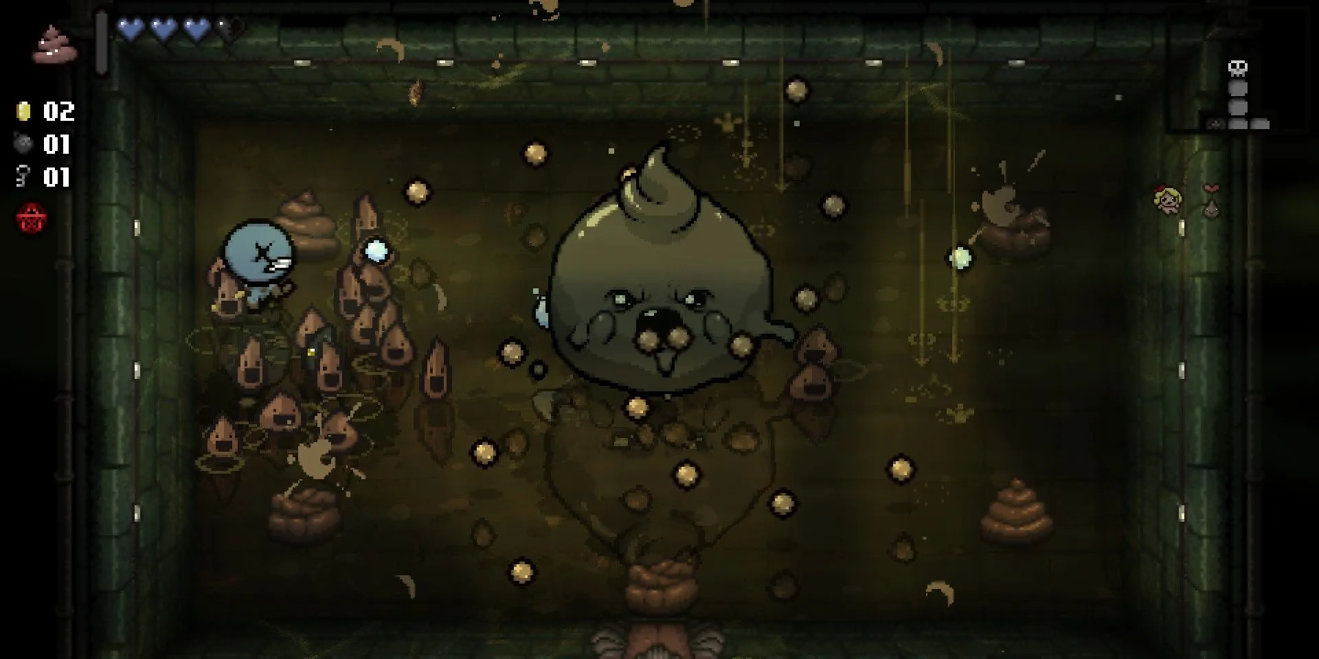 Nhân vật Isaac chiến đấu với quái vật Clog trong The Binding of Isaac: Repentance