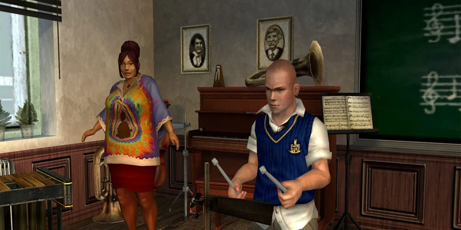 Nhân vật Jimmy Hopkins đang tham gia lớp học nhạc trong game Bully trên PS2