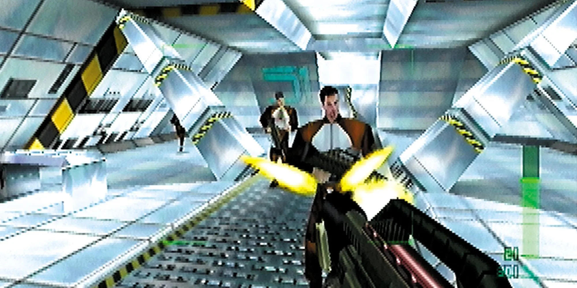 Nhân vật Joanna Dark trong một pha hành động của game Perfect Dark (2000) trên Nintendo 64, nổi tiếng với chế độ multiplayer tùy biến.