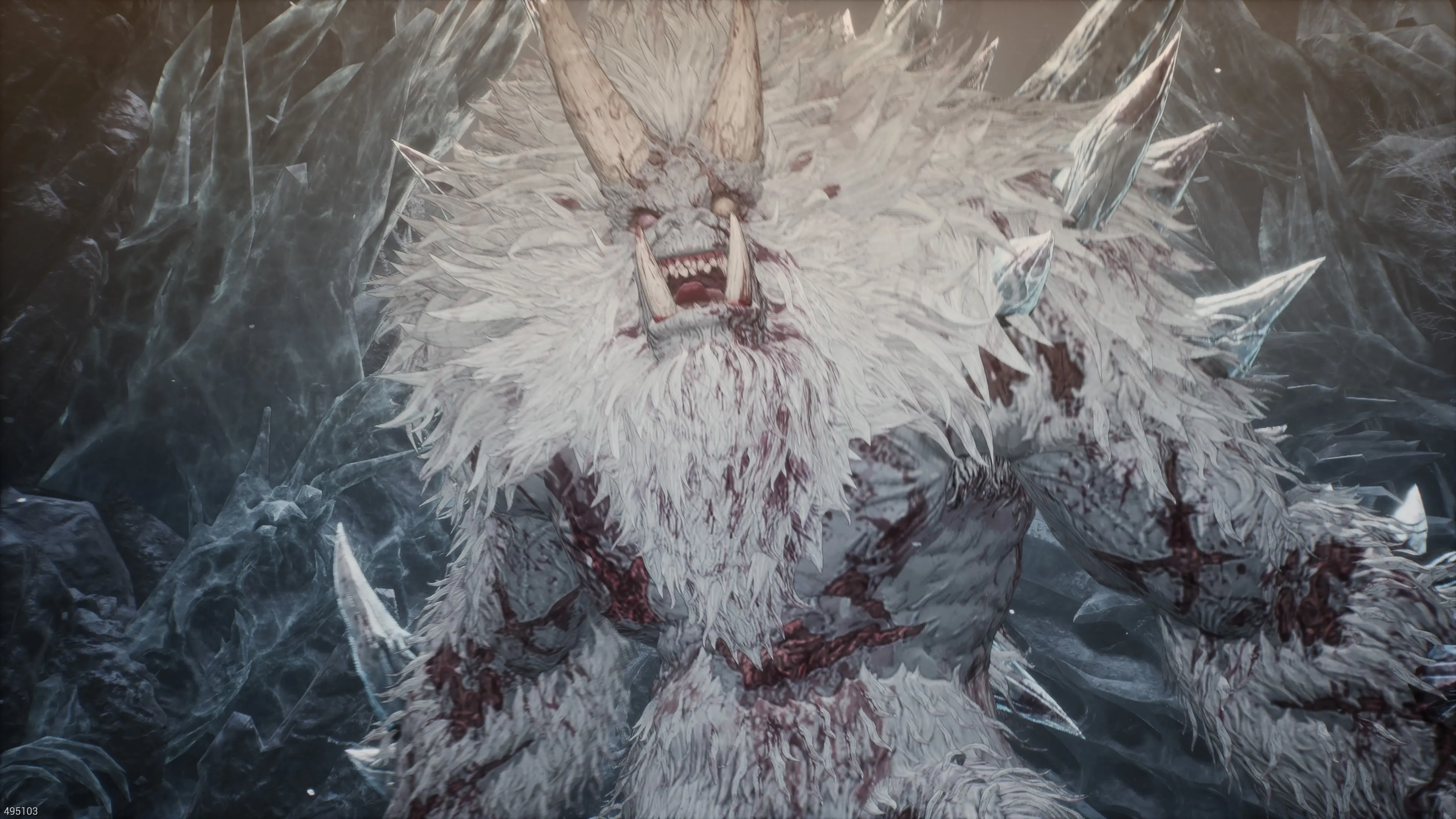 Nhân vật Khazan đối đầu với con boss Yetuga to lớn và hung dữ trong The First Berserker: Khazan.