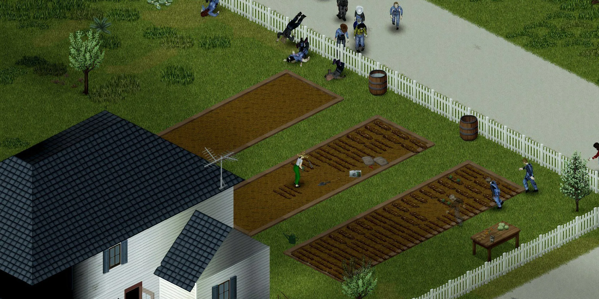 Nhân vật Project Zomboid đối mặt với bầy zombie tràn vào nông trại