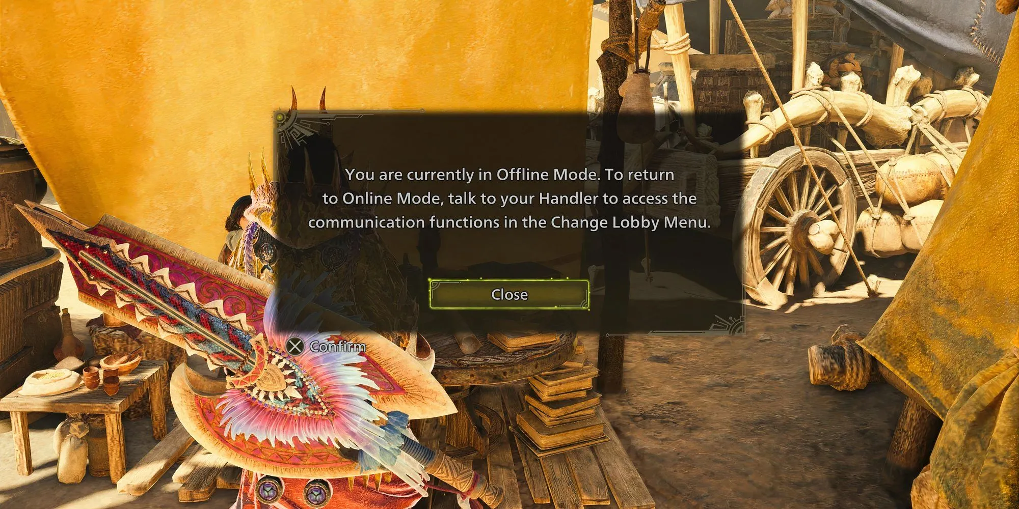 Nhân vật thợ săn đứng gần Handler Alma tại khu cắm trại trong Monster Hunter Wilds để kích hoạt chế độ chơi đơn online