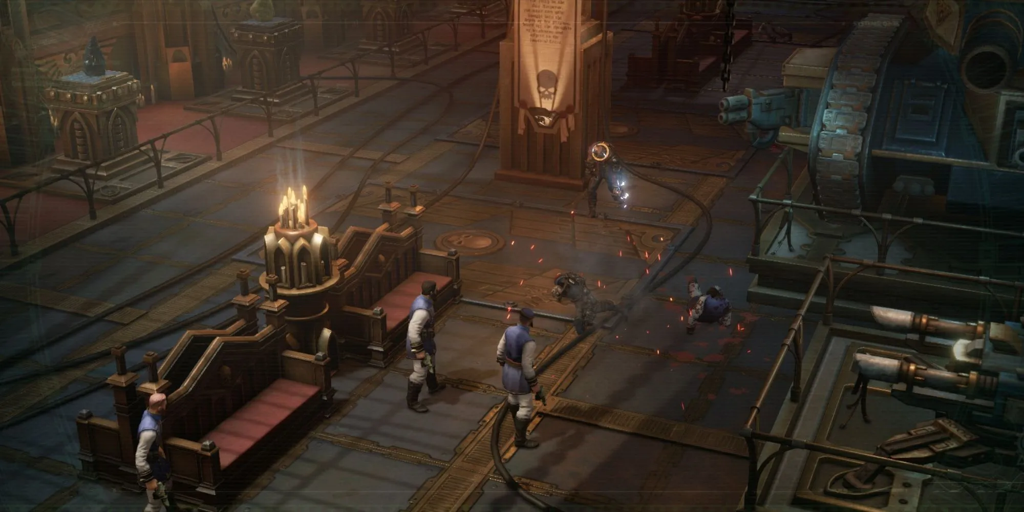 Nhân vật trong Warhammer 40k Rogue Trader đang khám phá một hành lang tối tăm và bí ẩn