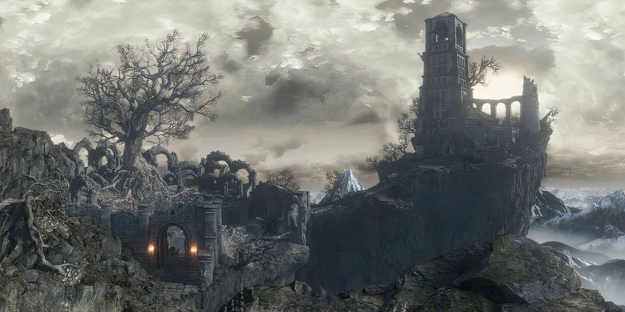 Nhân vật Unkindled chiến đấu với Iudex Gundyr tại Cemetery of Ash trong Dark Souls 3, phía xa là khung cảnh Firelink Shrine hùng vĩ.