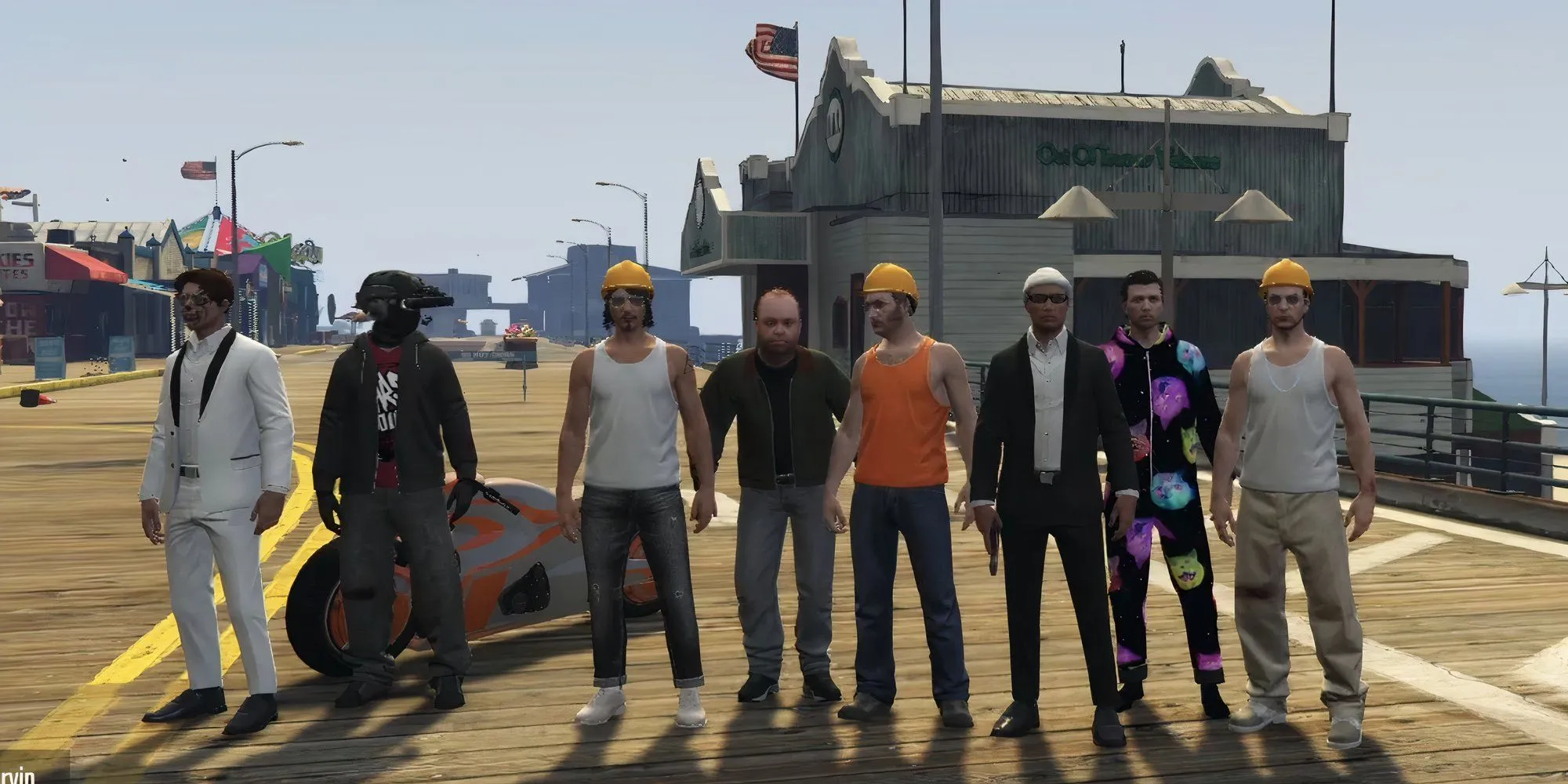 Nhóm người chơi GTA Online trong trang phục công nhân xây dựng chụp ảnh kỷ niệm sau cuộc biểu tình đi bộ