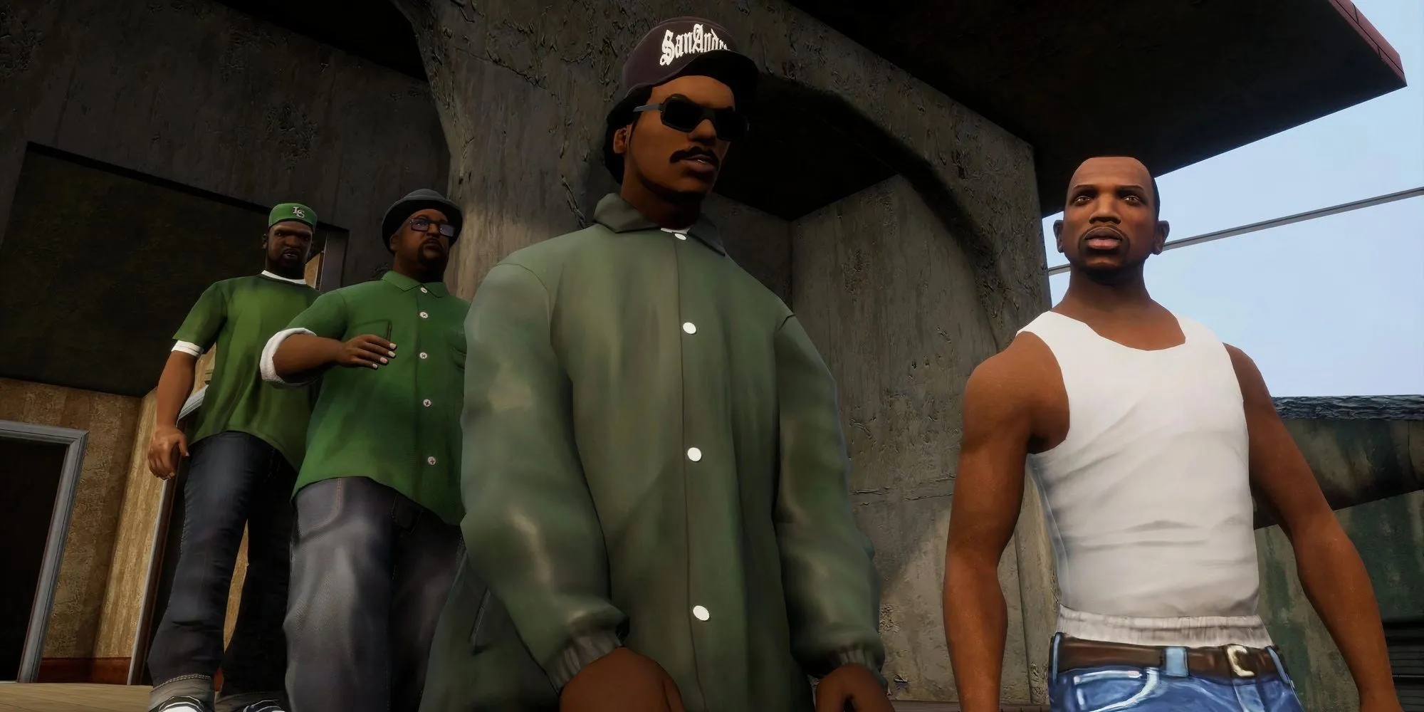 Nhóm nhân vật chính của Grand Theft Auto San Andreas đứng trước một công trình đá