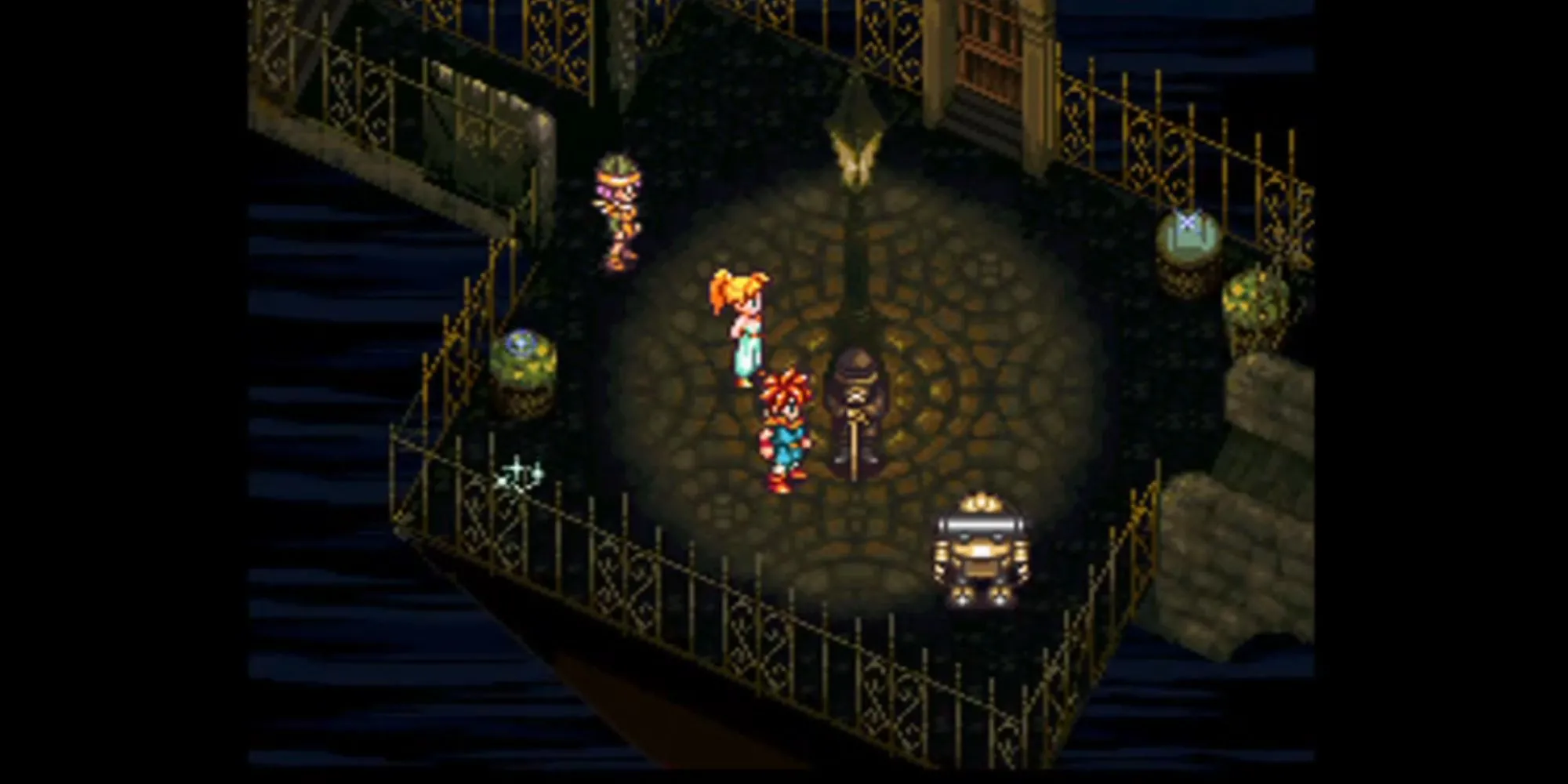 Nhóm nhân vật Crono, Marle và Lucca tại End of Time trong Chrono Trigger