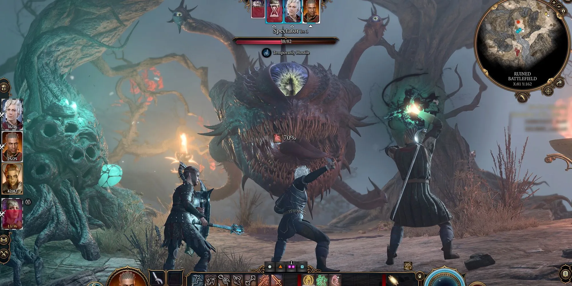 Nhóm nhân vật trong Baldur's Gate 3 đang tham gia vào một trận chiến chiến thuật theo lượt đầy kịch tính.