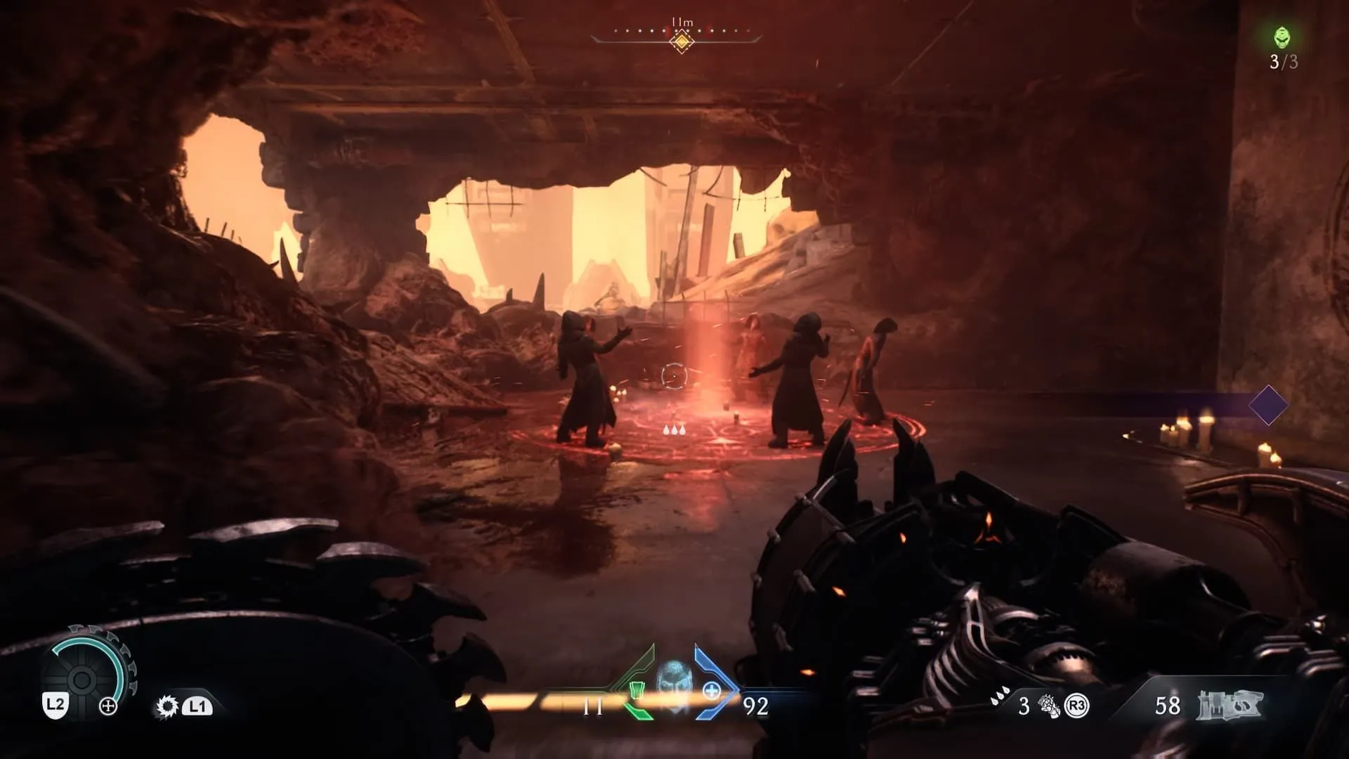 Nhóm tín đồ tà giáo đứng quanh vòng tròn triệu hồi trong một cảnh game Doom The Dark Ages, gợi ý về cốt truyện hoặc bối cảnh thế giới