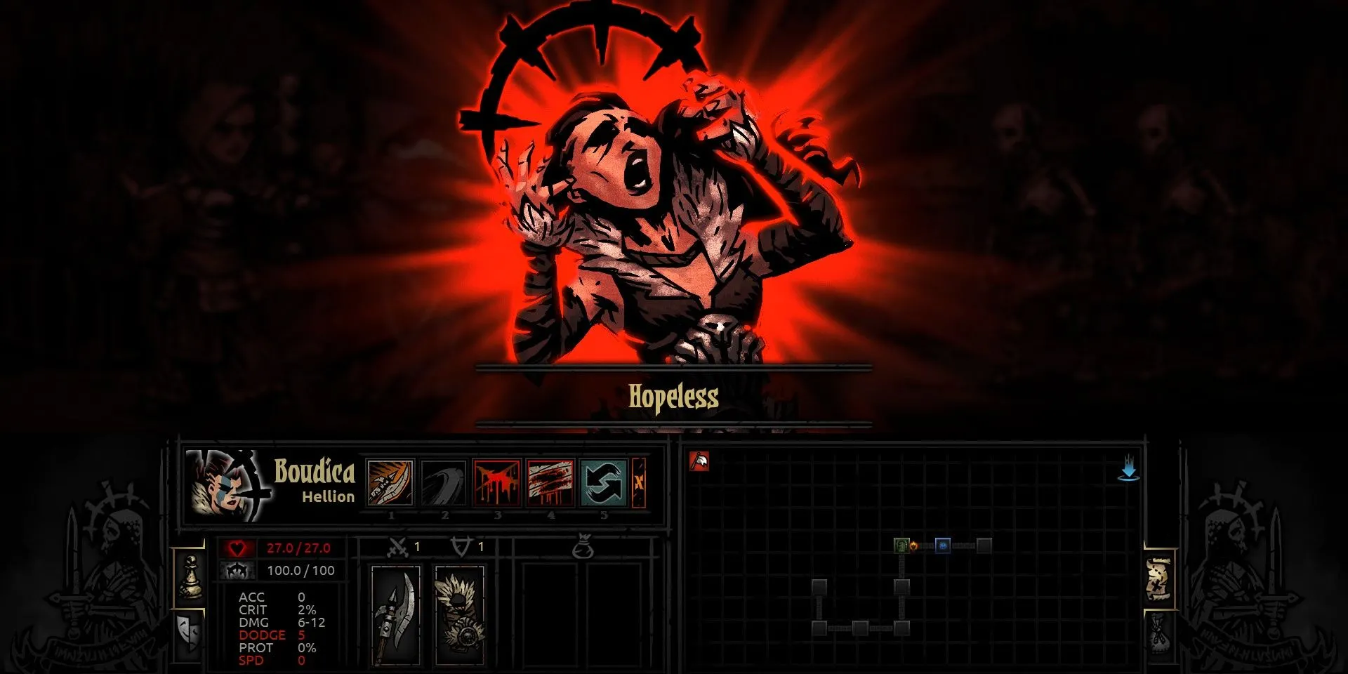 Nữ chiến binh Helion bị ảnh hưởng bởi trạng thái &quot;Vô Vọng&quot; trong Darkest Dungeon
