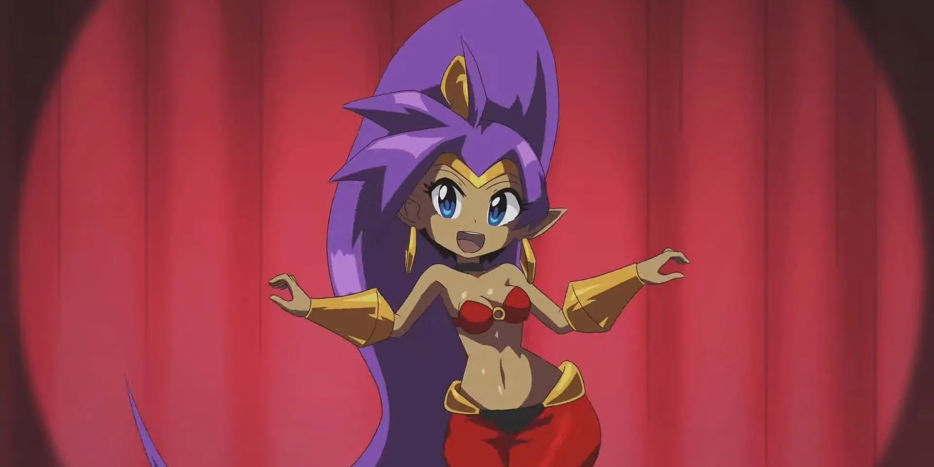 Nữ chính Shantae đang nhảy múa trên sân khấu trong game Shantae and the Seven Sirens