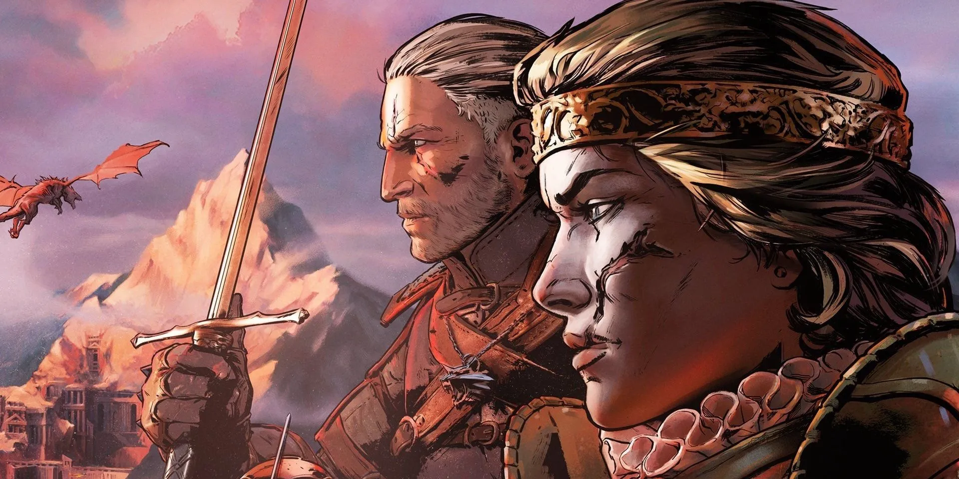 Nữ hoàng Meve và Geralt xứ Rivia trong một phân cảnh của Thronebreaker: The Witcher Tales