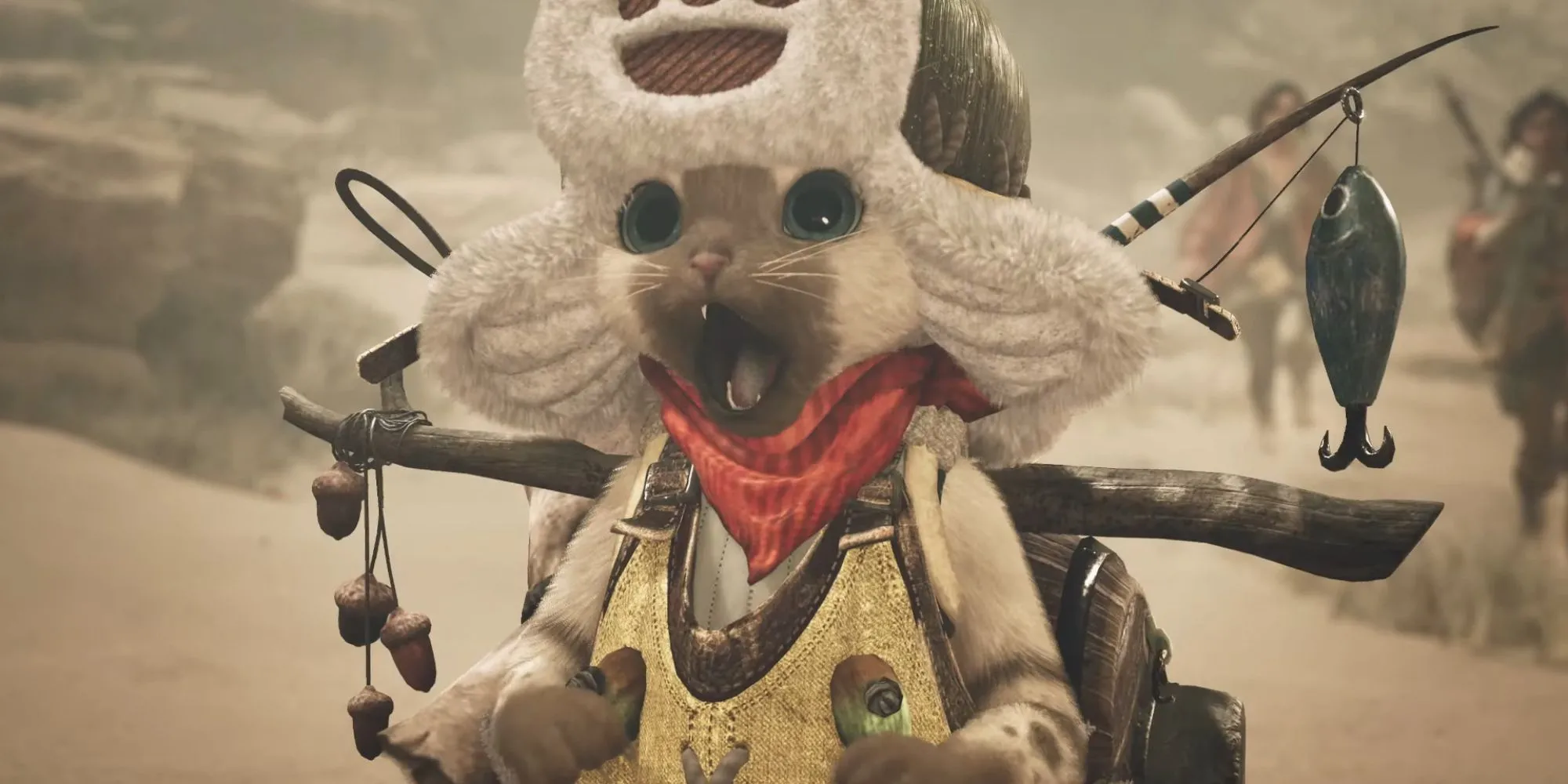 Palico ngạc nhiên sau khi người chơi hạ gục Nu Udra và thu thập nguyên liệu trong Monster Hunter Wilds