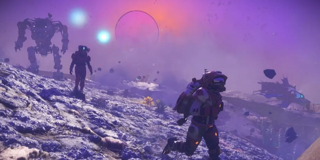 Phi thuyền bay gần một hành tinh khí khổng lồ trong No Man's Sky