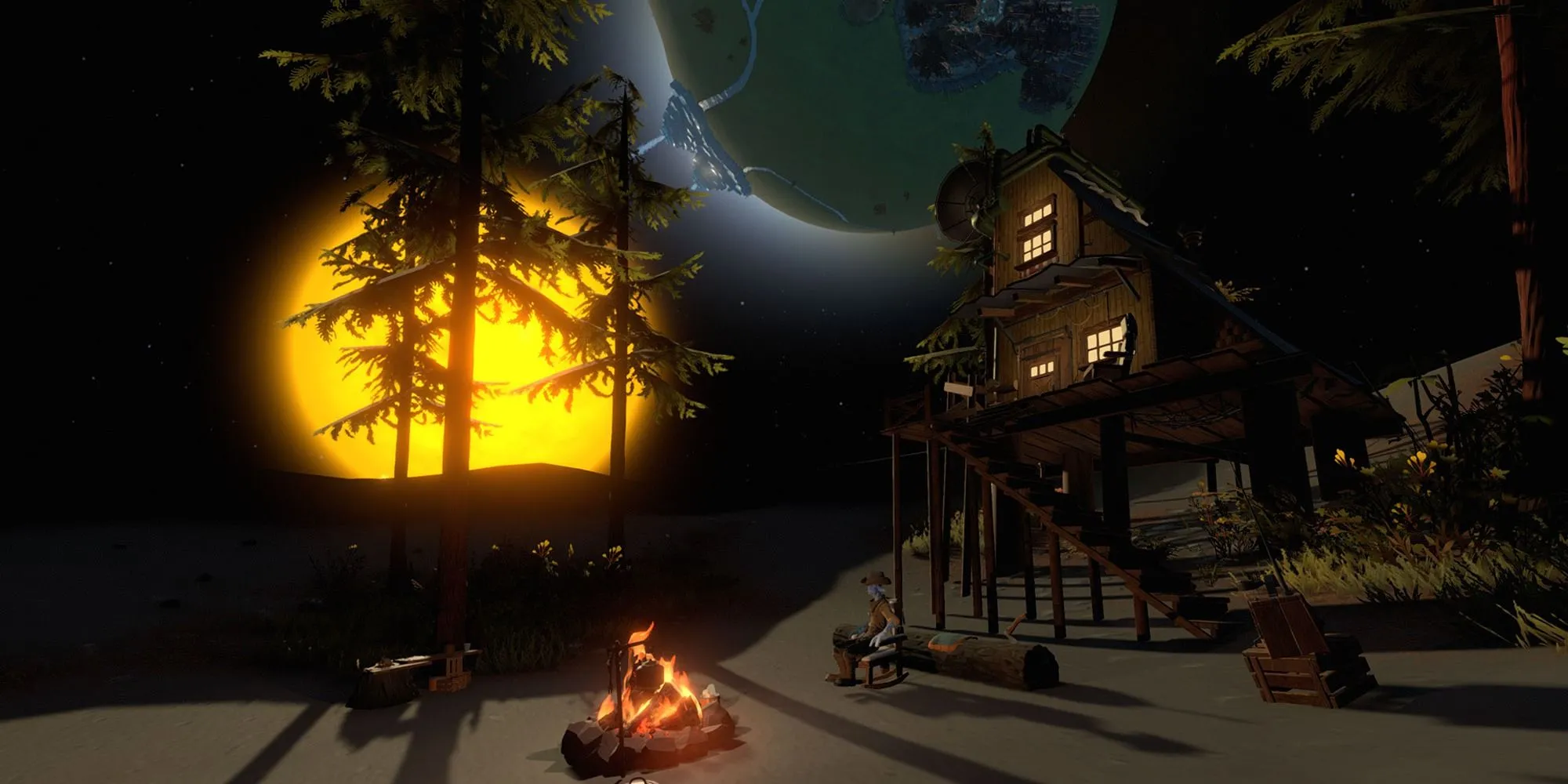Phi thuyền của người chơi Outer Wilds bay gần một hành tinh bí ẩn trong không gian