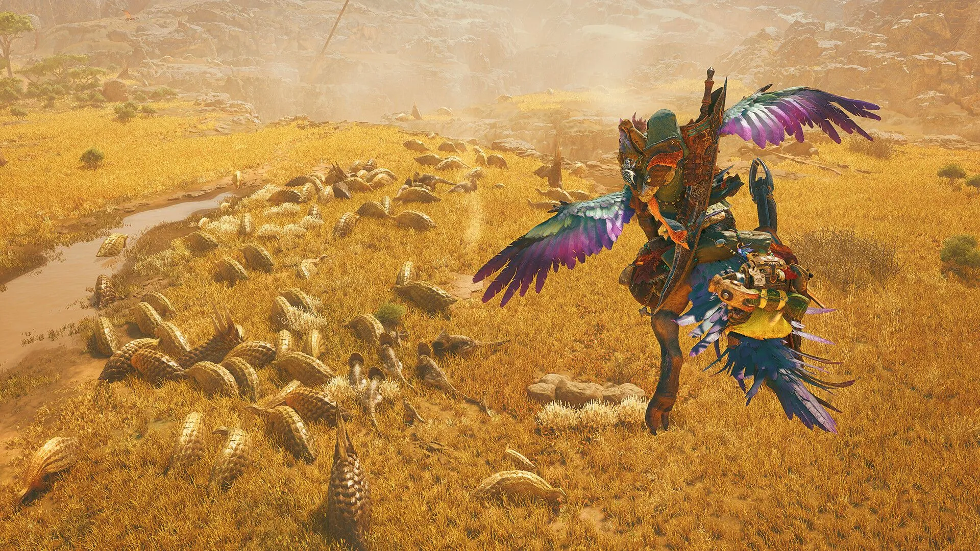 Phong cảnh rừng rậm Scarlet Forest trong Monster Hunter Wilds với cây cối rậm rạp và ánh sáng mặt trời xuyên qua tán lá.