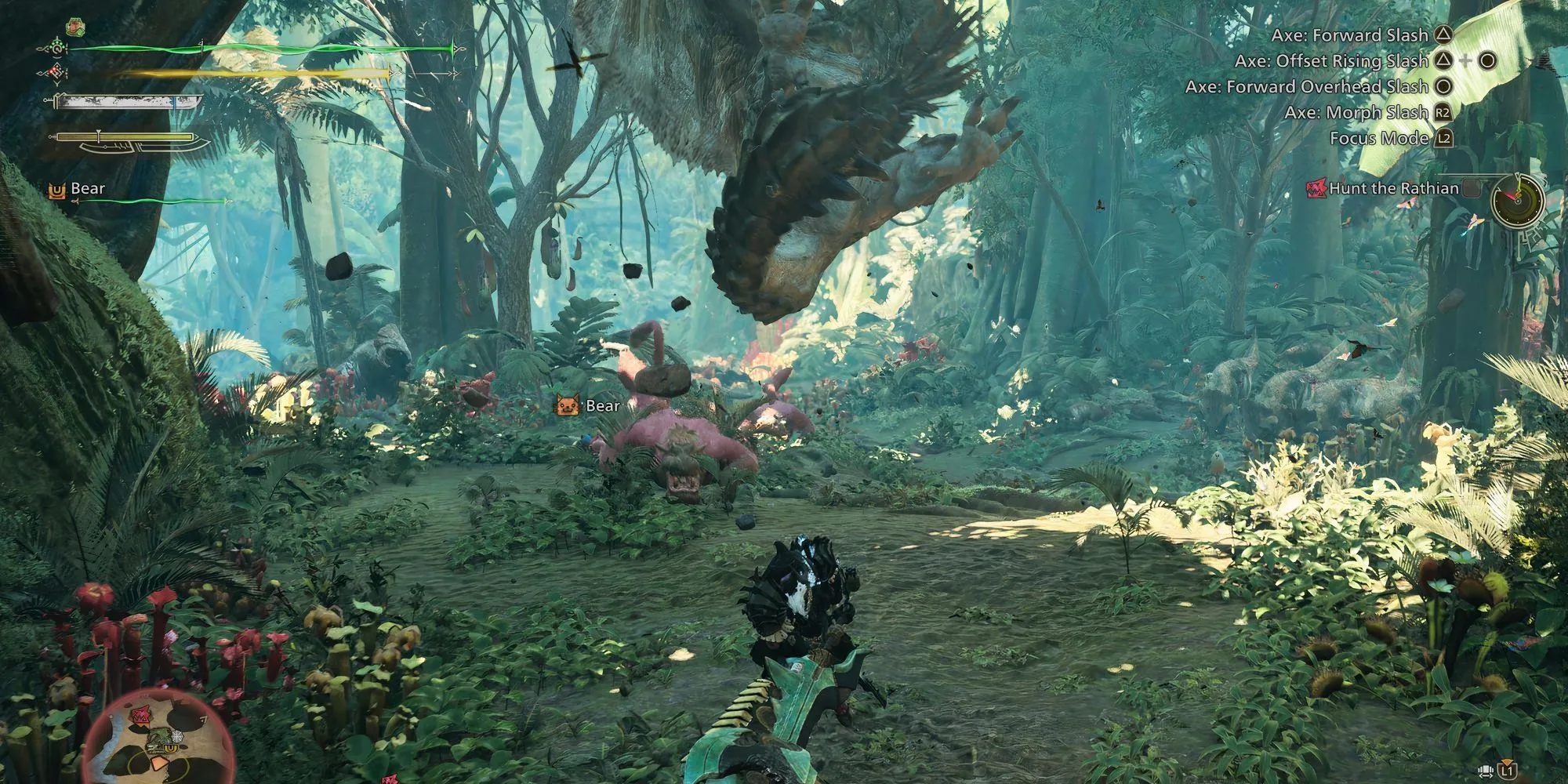 Rathian thực hiện đòn tấn công đuôi nguy hiểm trong Monster Hunter Wilds khi tham gia SOS