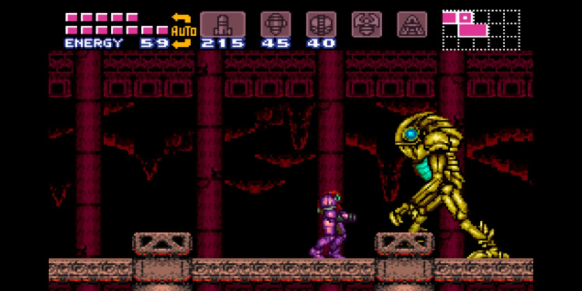 Samus Aran đối đầu Golden Torizo trong game Super Metroid trên SNES
