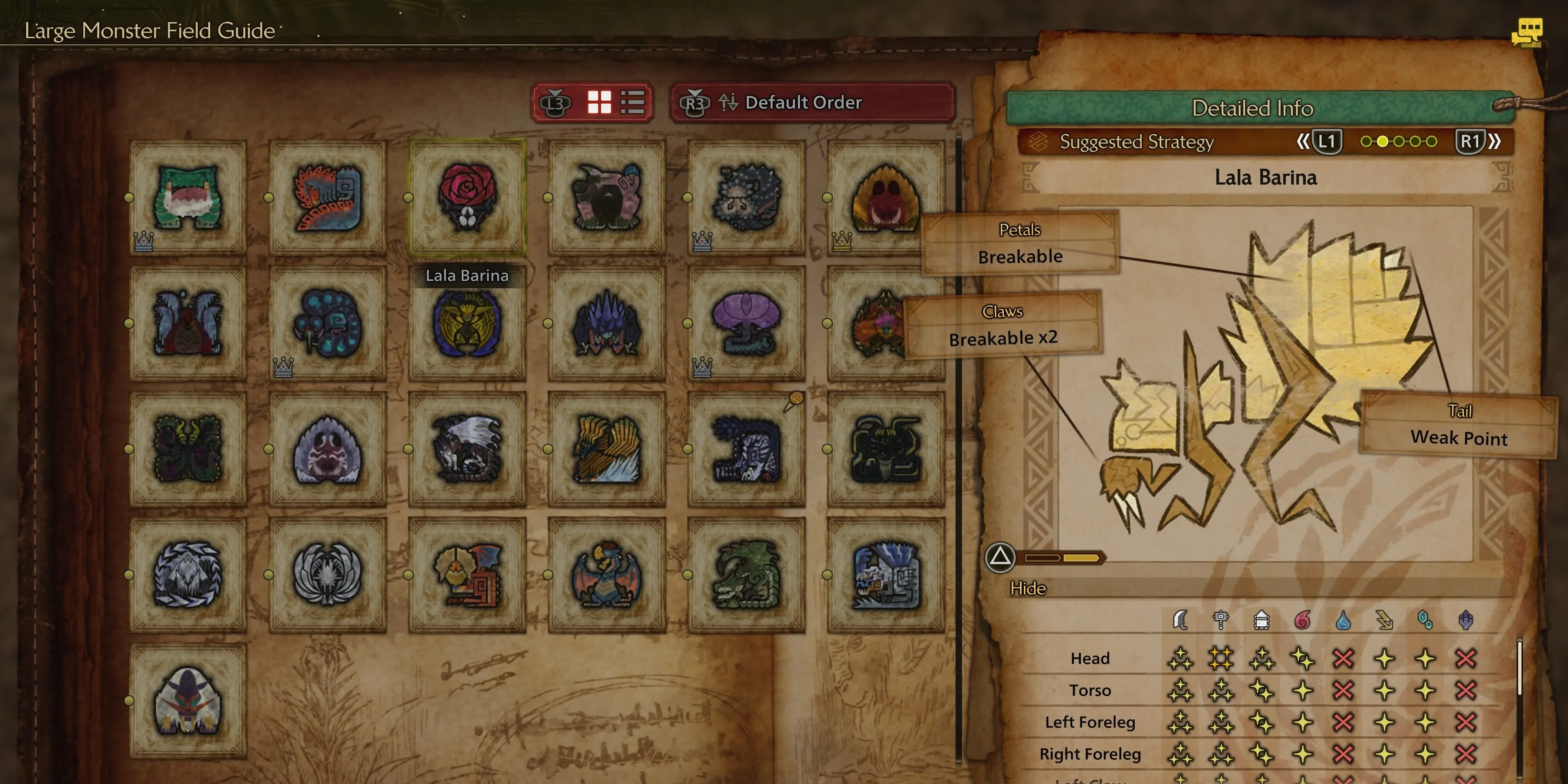 Sơ đồ hiển thị các điểm yếu của Lala Barina trong Monster Hunter Wilds