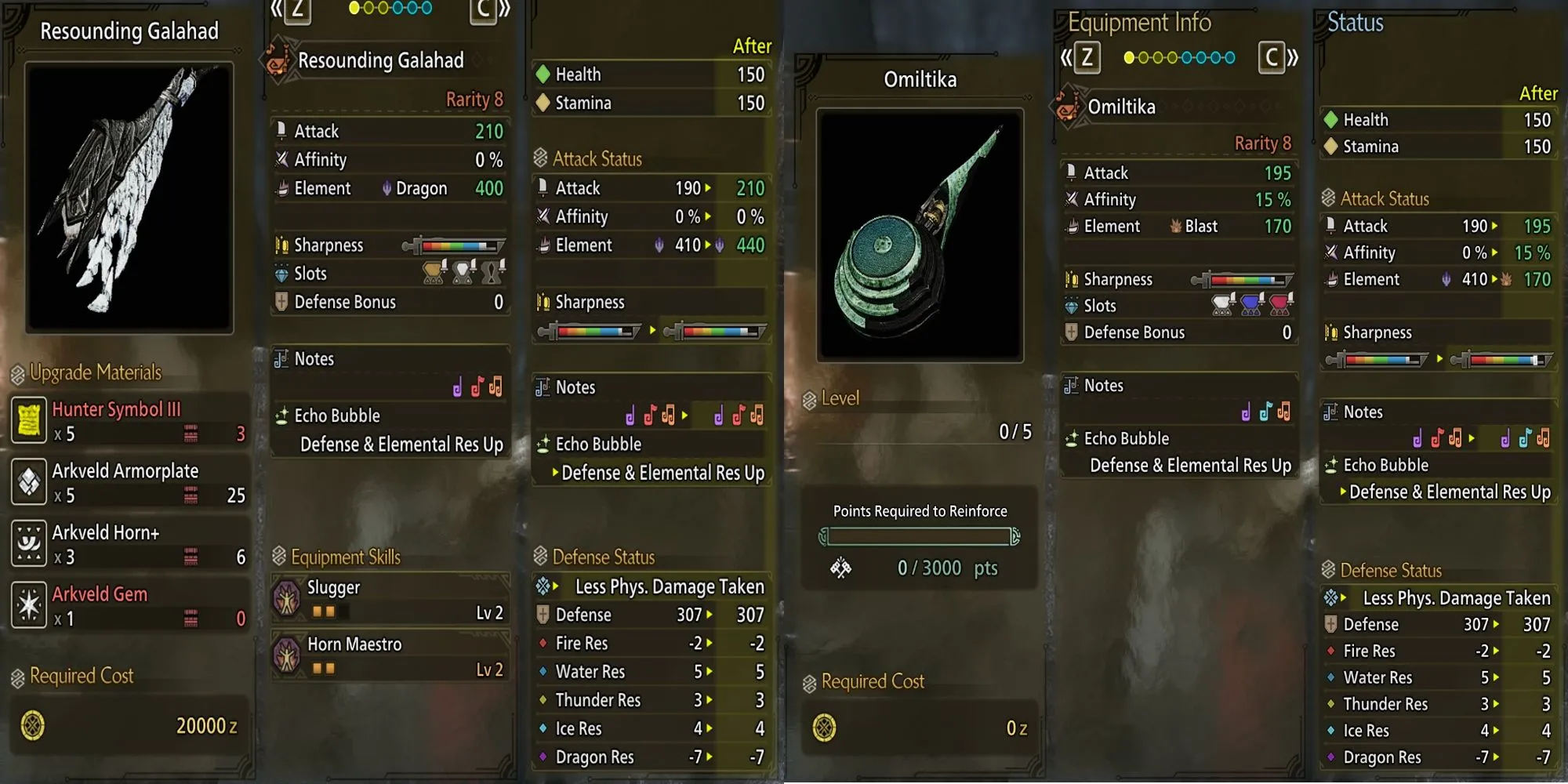 So sánh hai Hunting Horn mạnh nhất hạng cao Omiltika và Resounding Galahad trong Monster Hunter Wilds, mỗi loại có ưu điểm riêng về chỉ số và bài hát