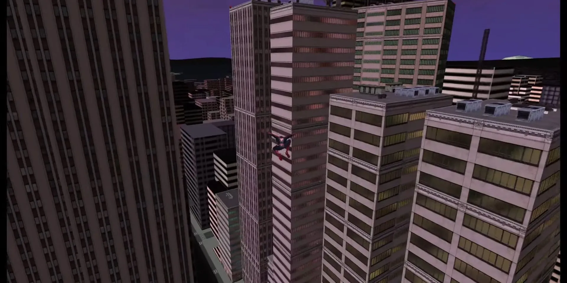 Spider-Man đu tơ qua thành phố Manhattan trong game Spider-Man 2 (2004)