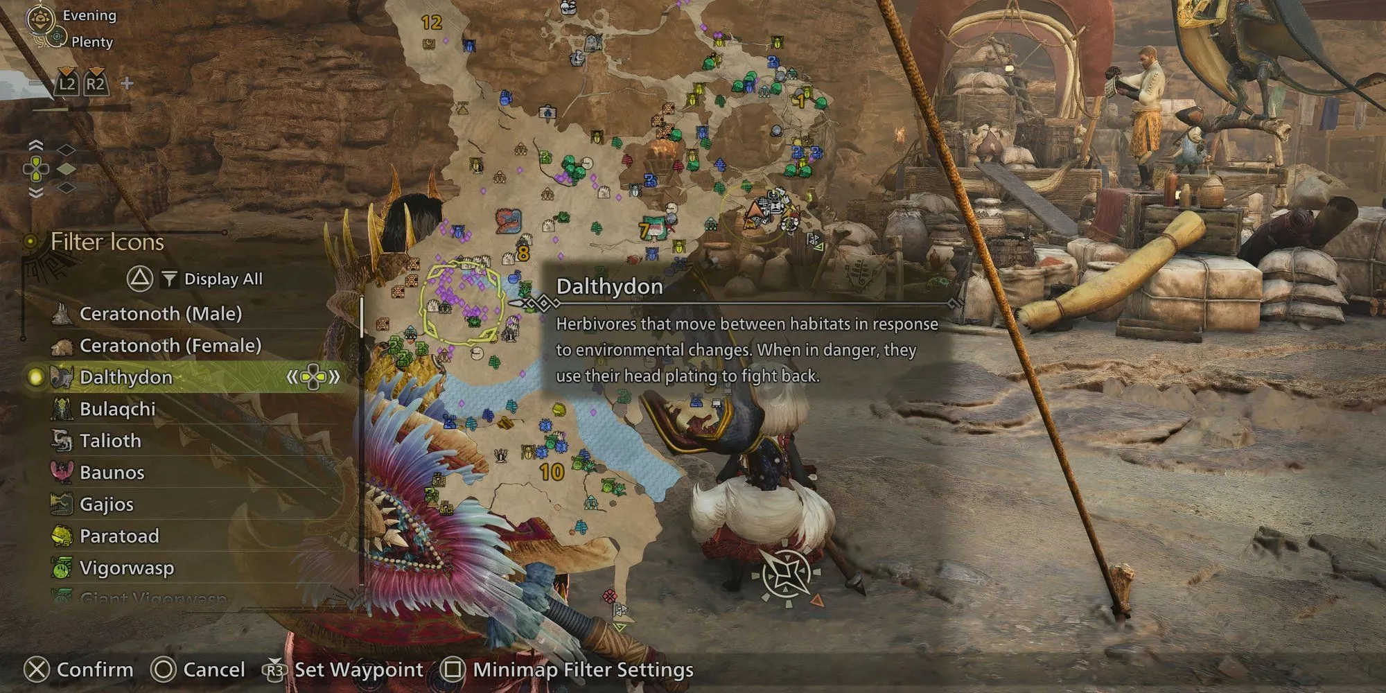 Sử dụng tính năng Filter Icons trên bản đồ Monster Hunter Wilds để tìm nguyên liệu.