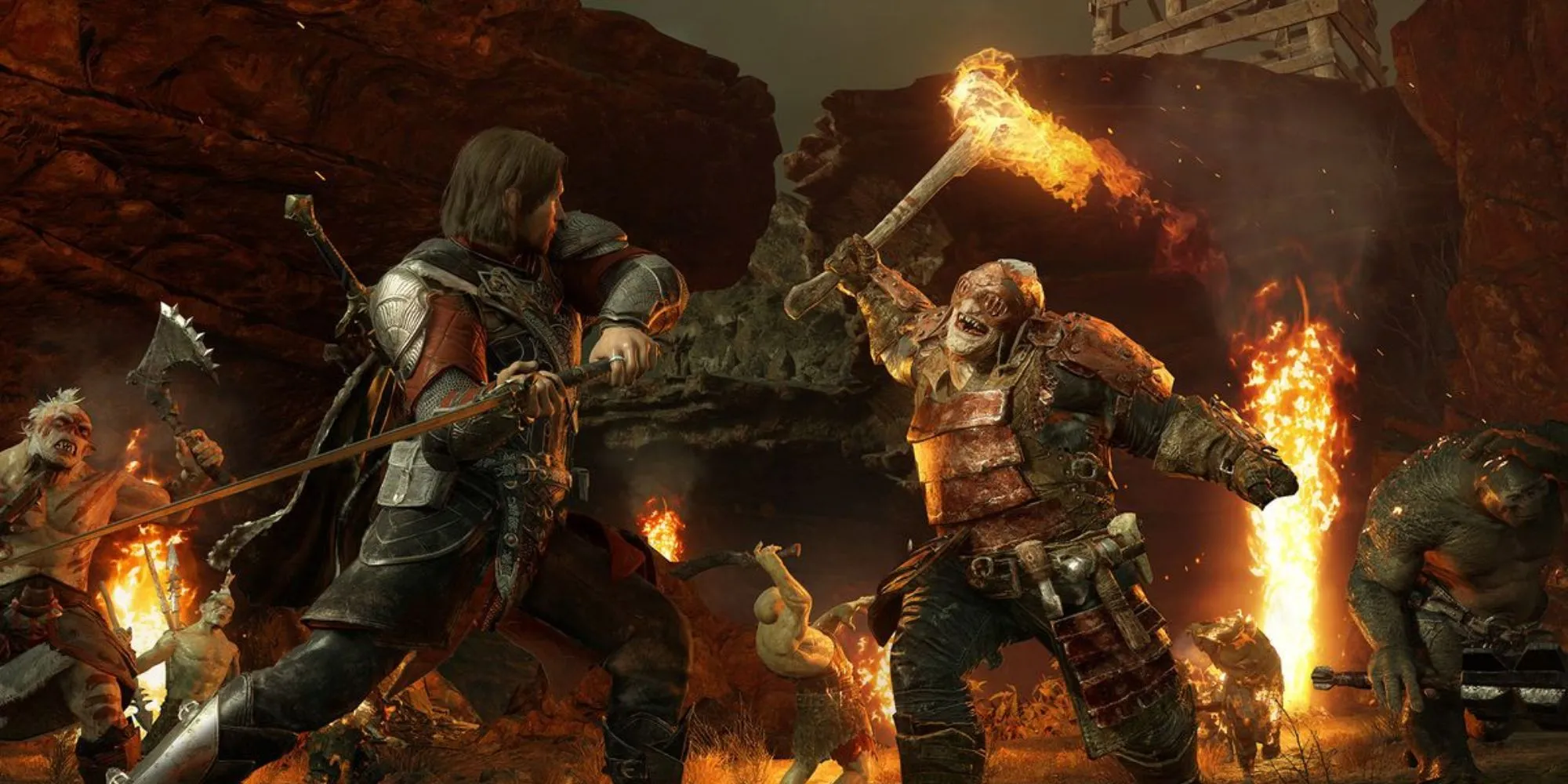 Talion và Celebrimbor trong Middle-earth: Shadow of War đứng giữa chiến trường đầy Orc, sẵn sàng cho cuộc chiến.
