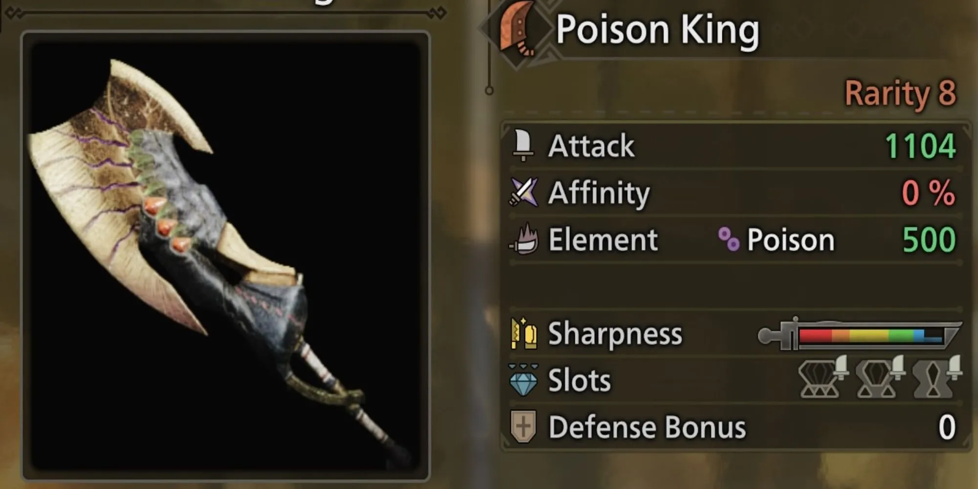 Thanh đại kiếm Poison King từ Gypceros trong Monster Hunter Wilds, nổi bật với chỉ số sát thương độc cao và thiết kế đặc trưng của Gypceros.