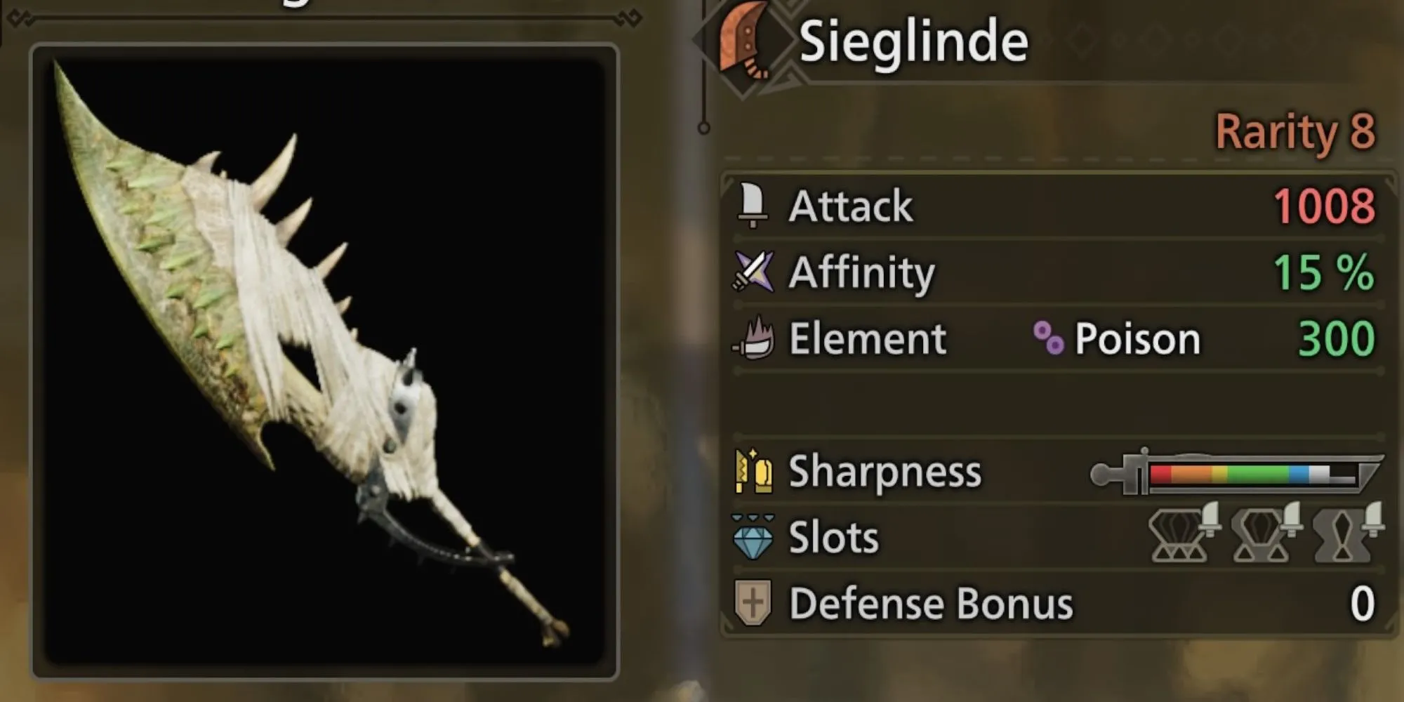 Thanh đại kiếm Sieglinde từ Rathian trong Monster Hunter Wilds, có thiết kế dựa trên đuôi của Rathian với những chiếc gai độc đặc trưng.
